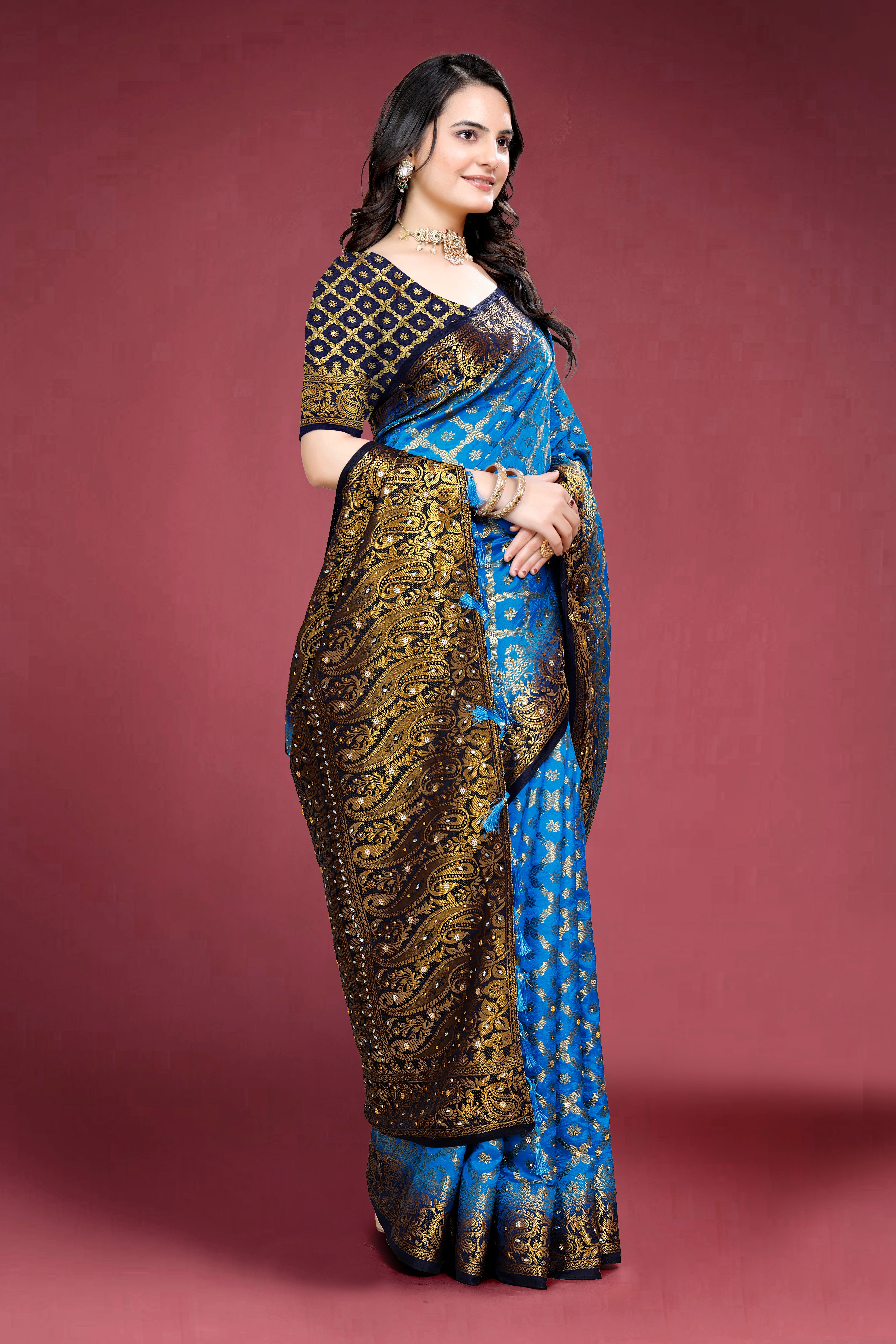 Navy Banarasi Silk Saree With Diamond Work With Tassels