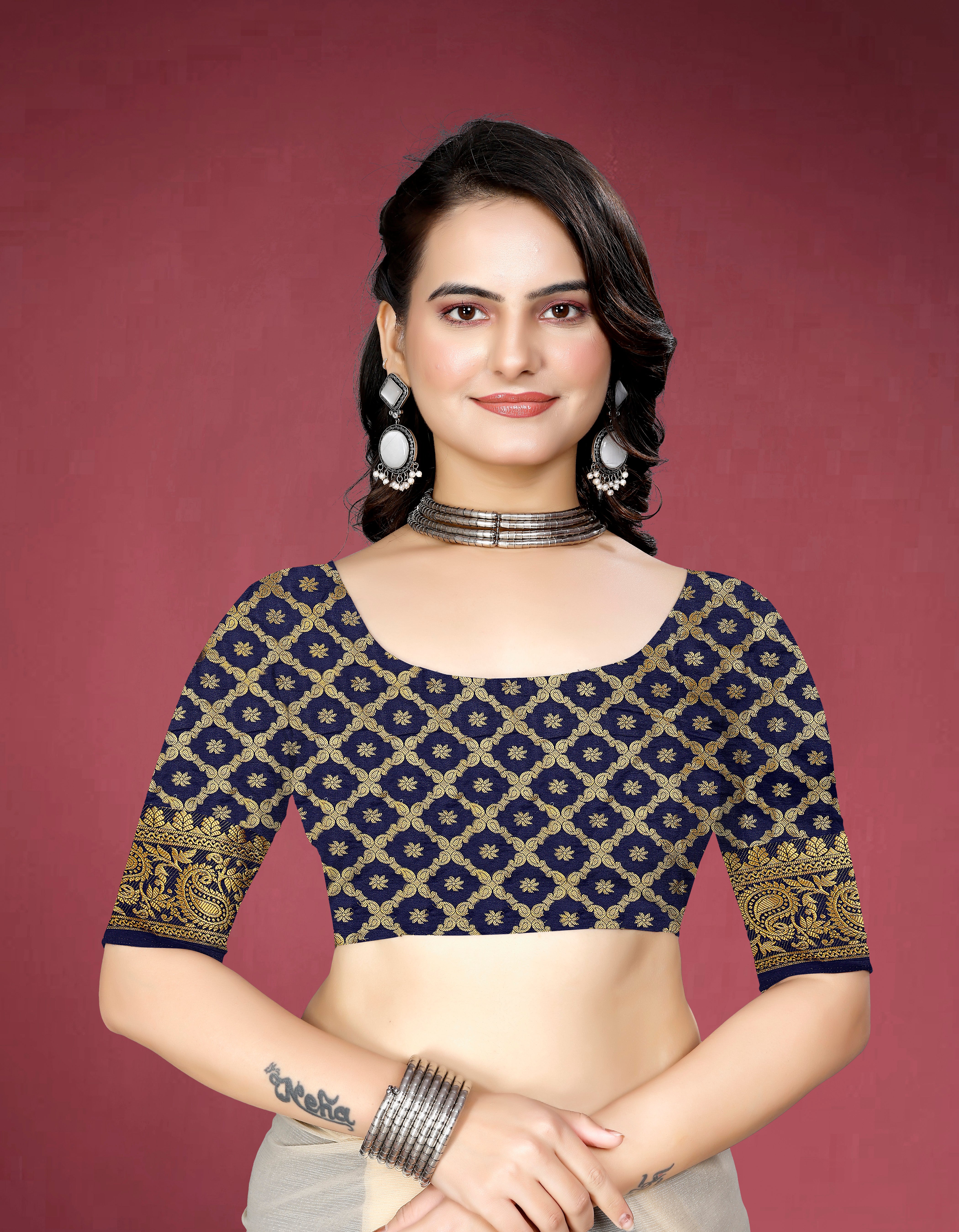 Navy Banarasi Silk Saree With Diamond Work With Tassels