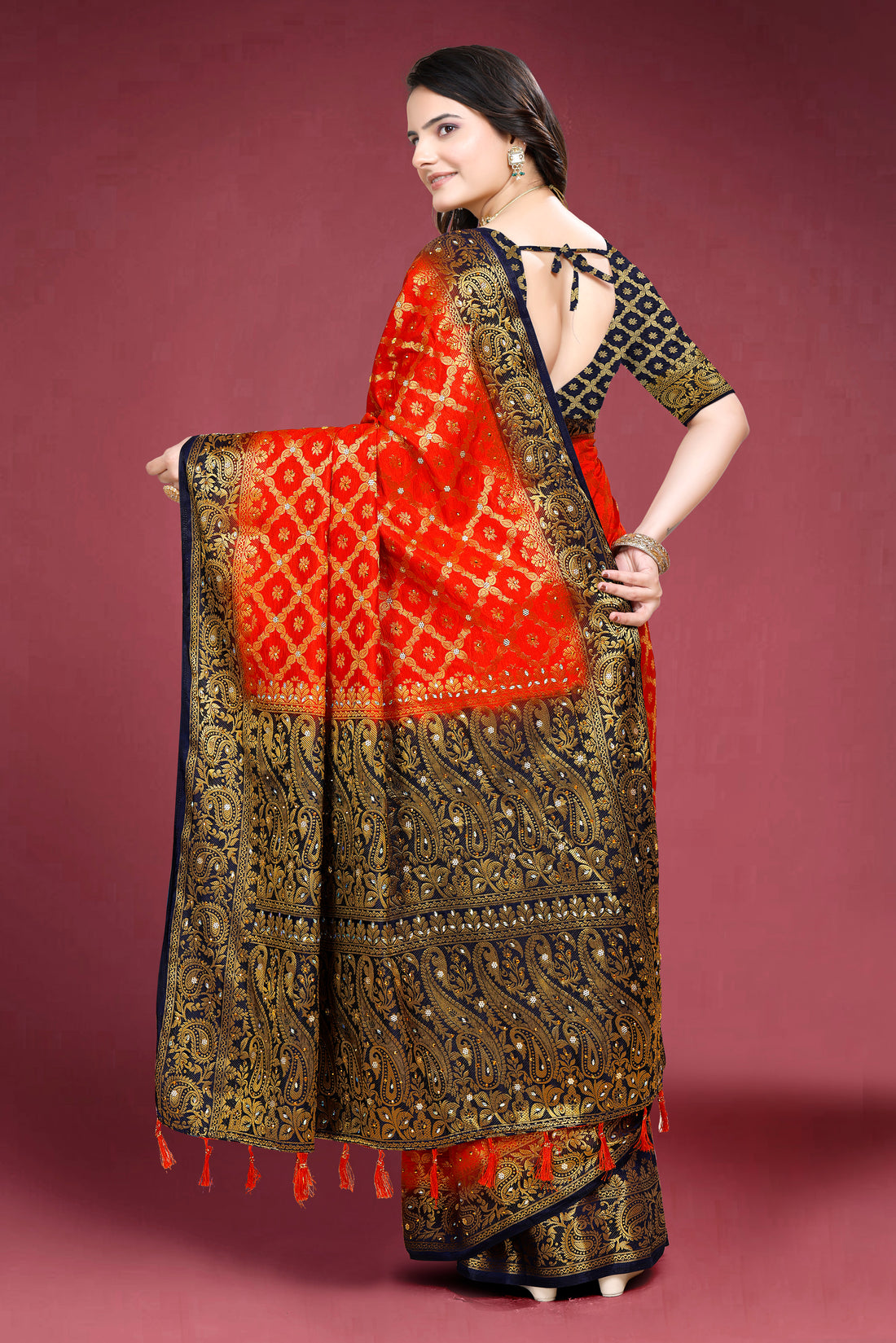 Red Banarasi Silk Saree With Diamond Work With Tassels