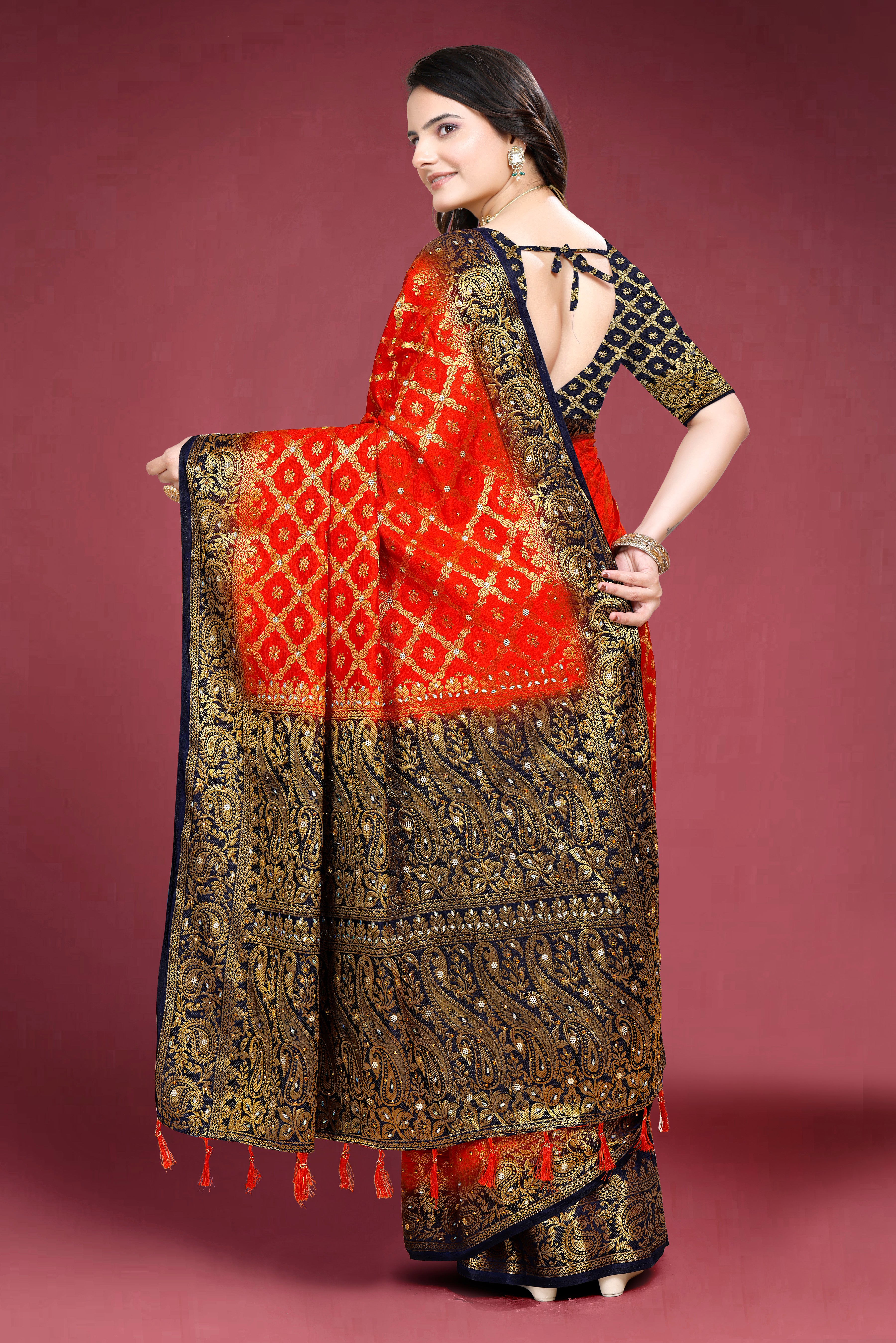 Navy Banarasi Silk Saree With Diamond Work With Tassels