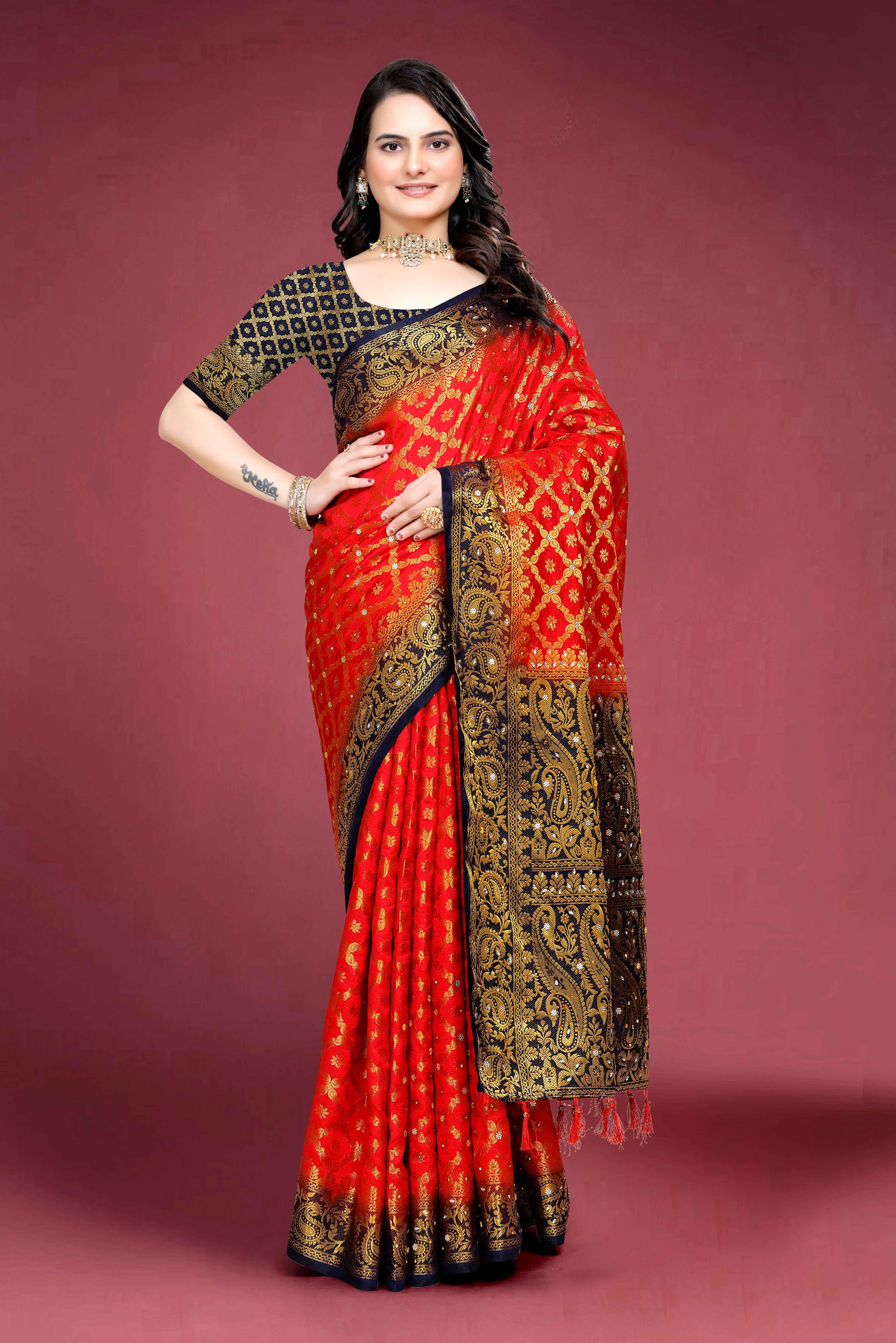 Navy Banarasi Silk Saree With Diamond Work With Tassels