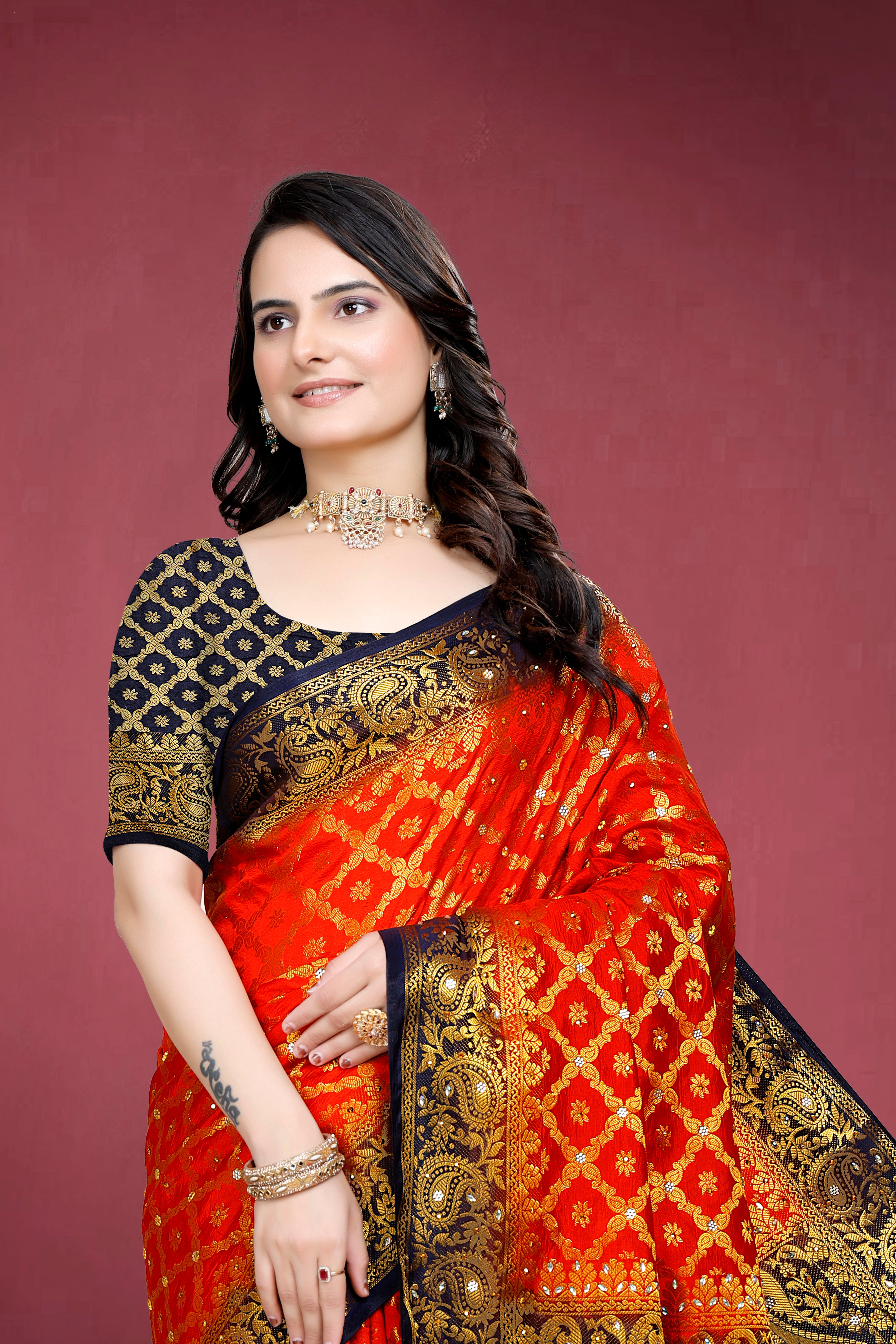 Navy Banarasi Silk Saree With Diamond Work With Tassels