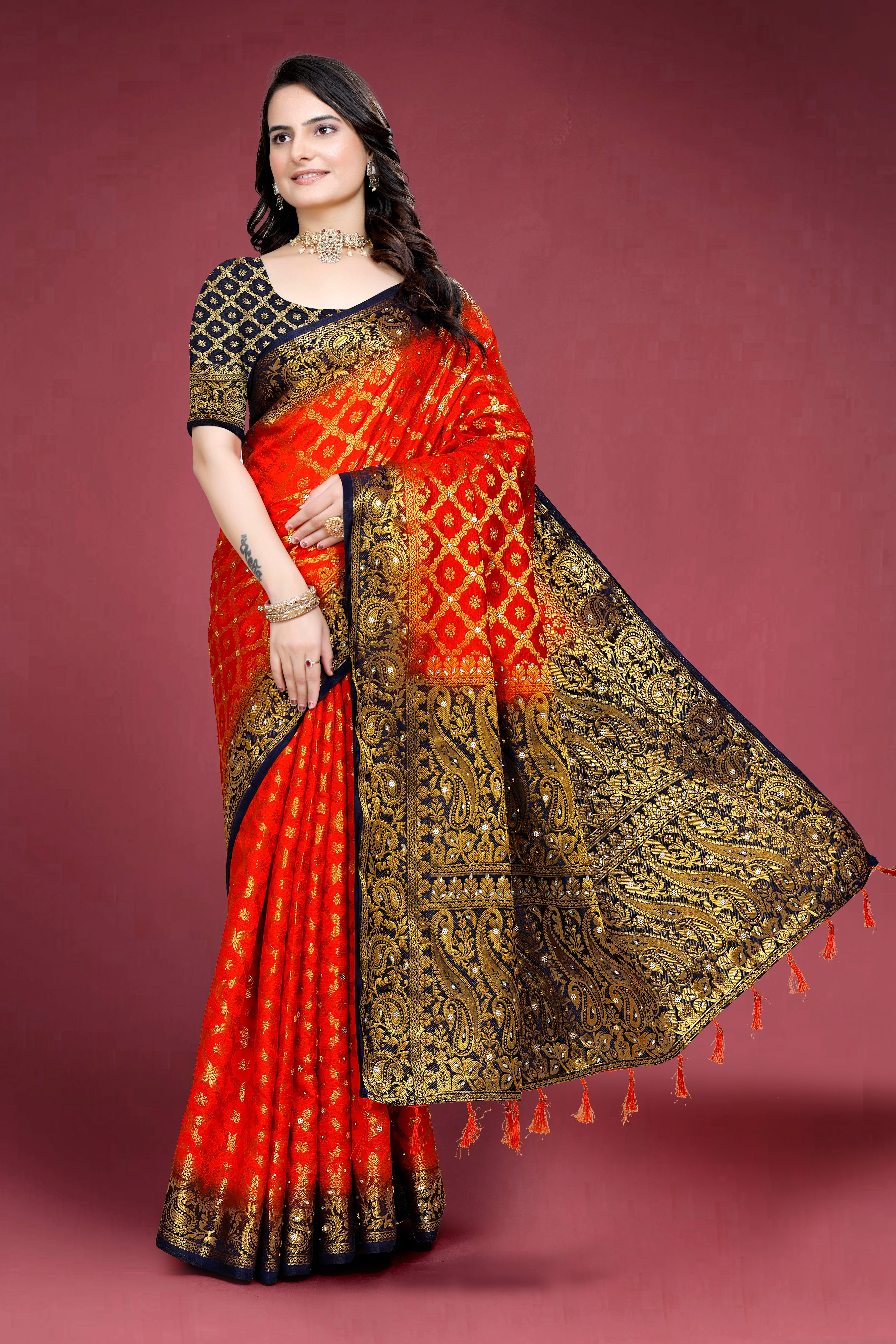 Navy Banarasi Silk Saree With Diamond Work With Tassels