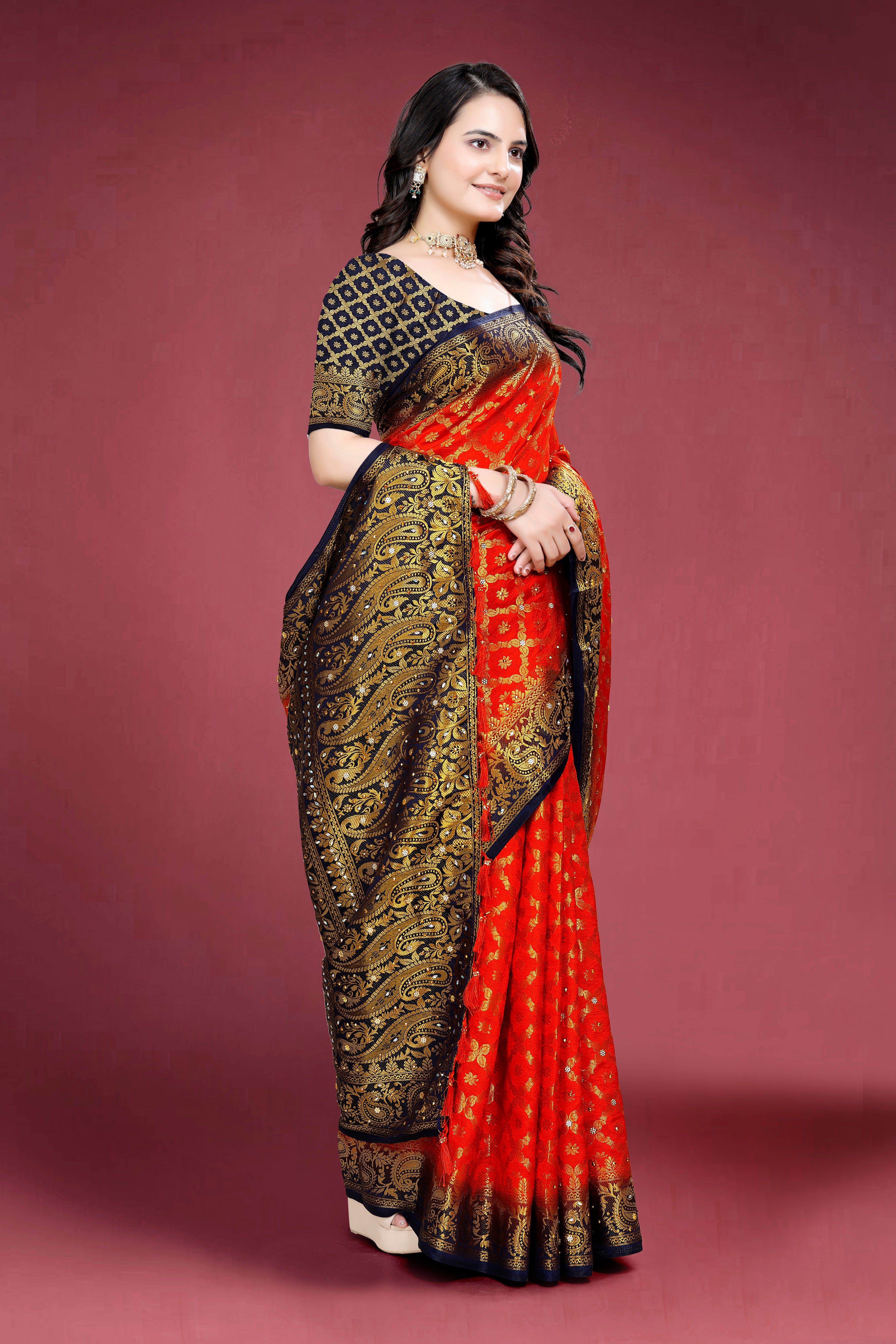 Navy Banarasi Silk Saree With Diamond Work With Tassels