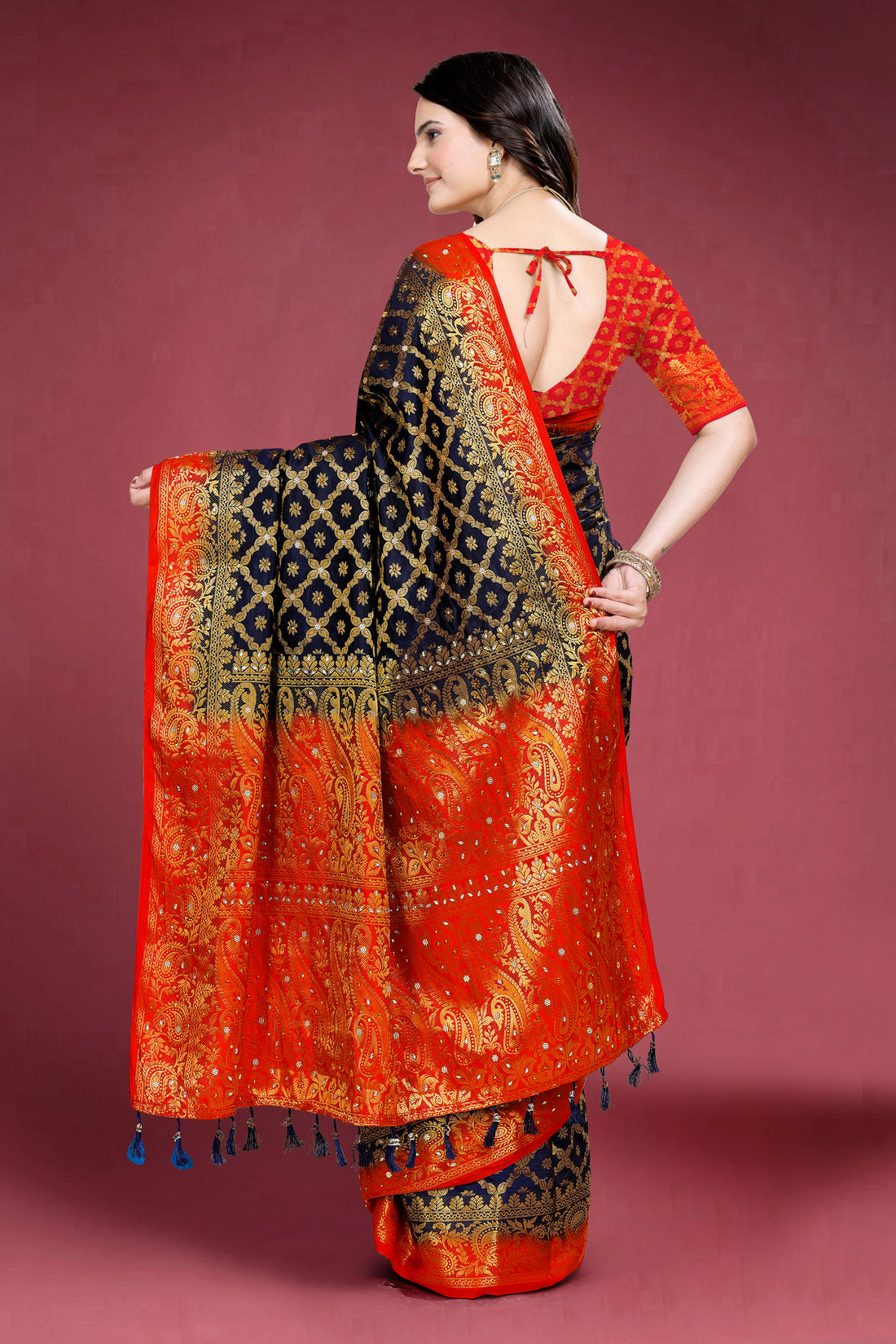 NavyBlue Banarasi Silk Saree With Diamond Work With Tassels