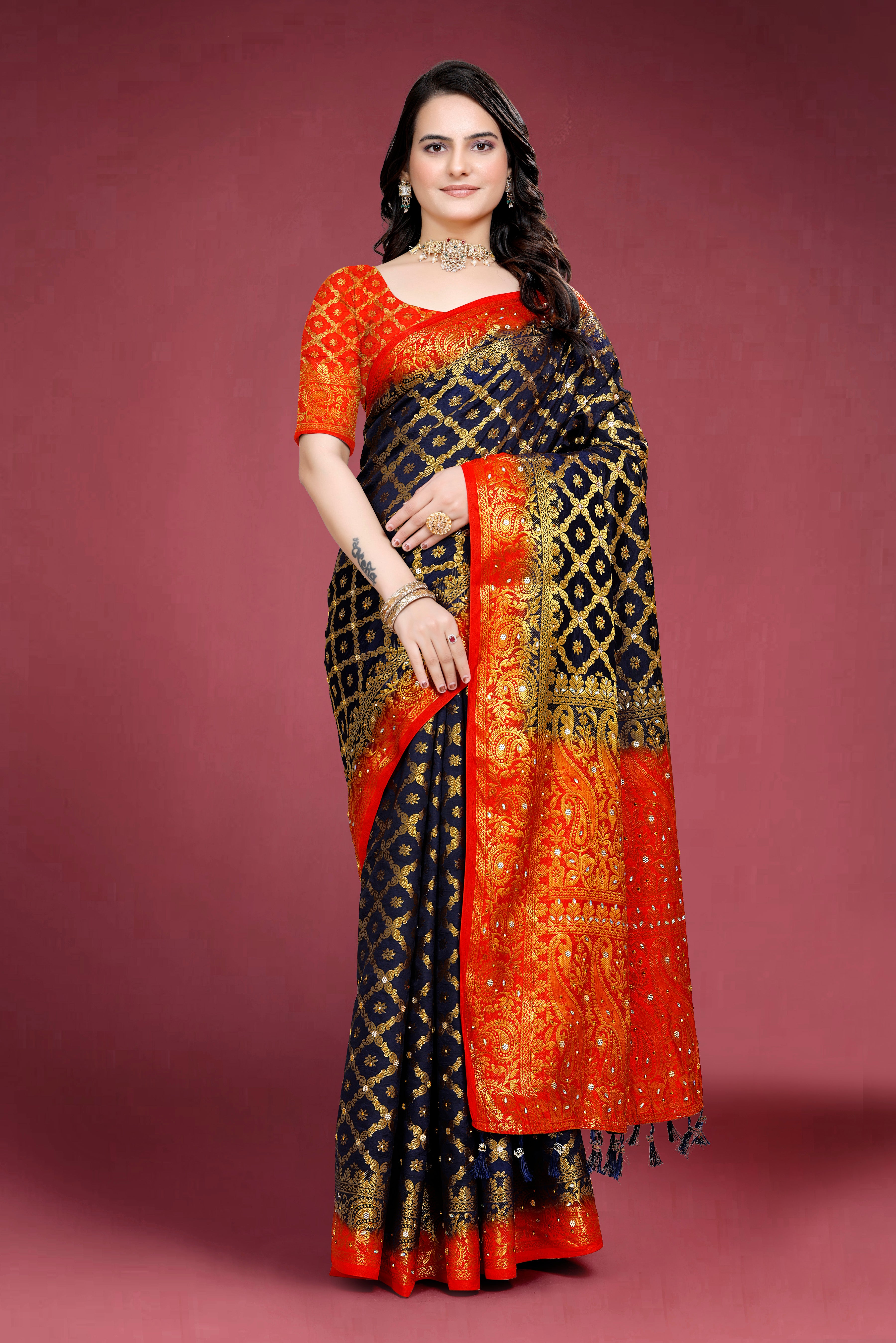 Navy Banarasi Silk Saree With Diamond Work With Tassels