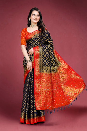 NavyBlue Banarasi Silk Saree With Diamond Work With Tassels