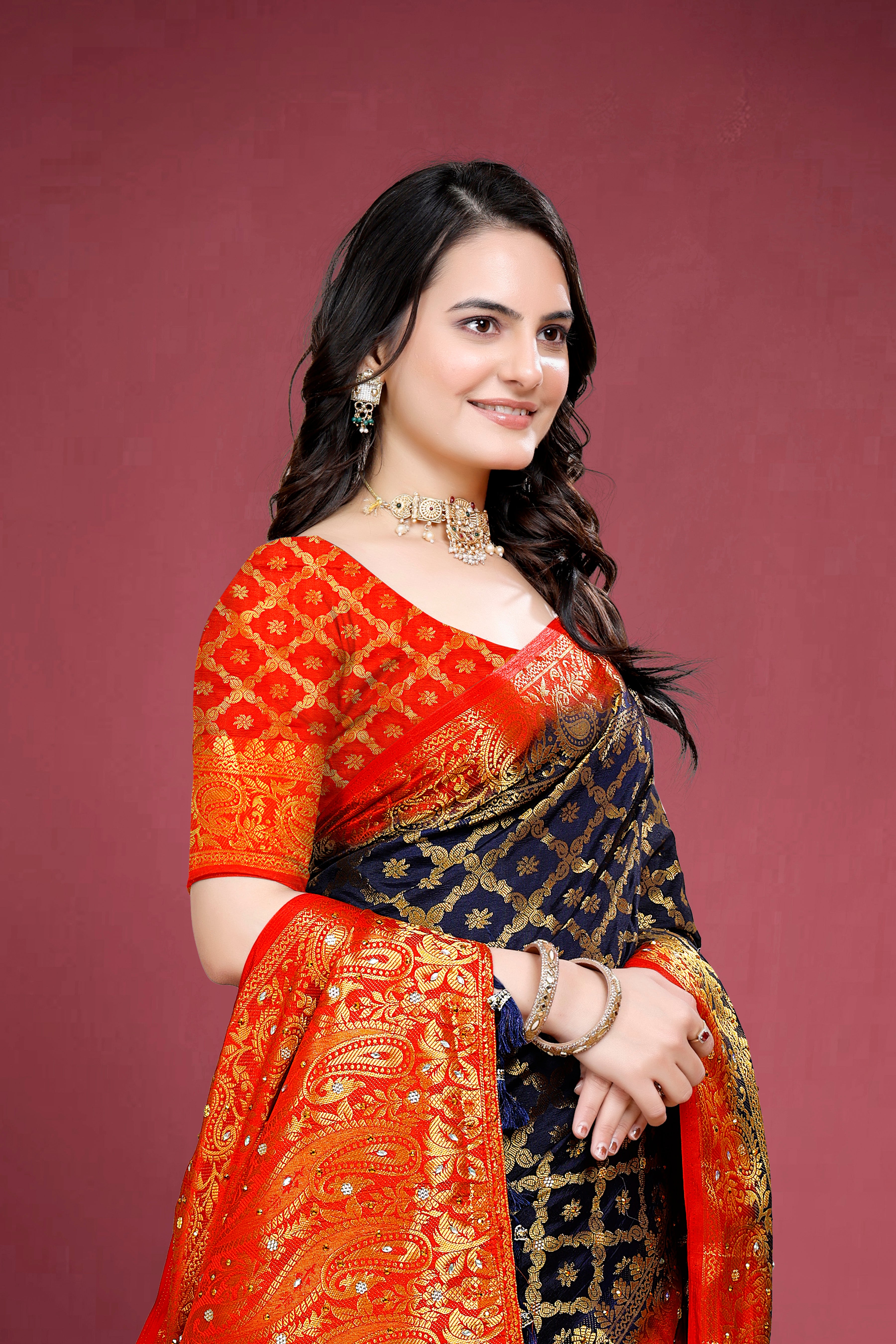 Navy Banarasi Silk Saree With Diamond Work With Tassels