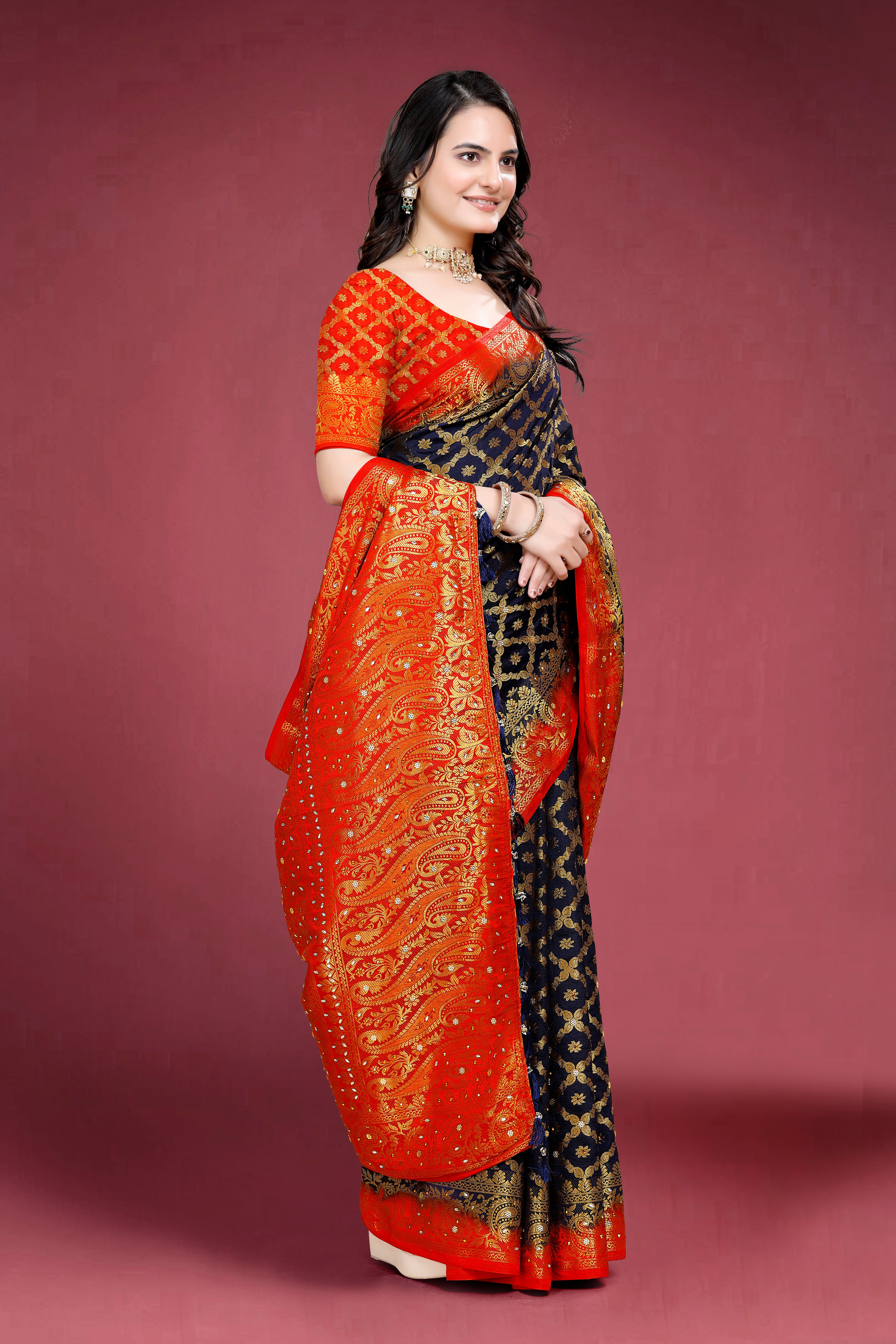 Navy Banarasi Silk Saree With Diamond Work With Tassels