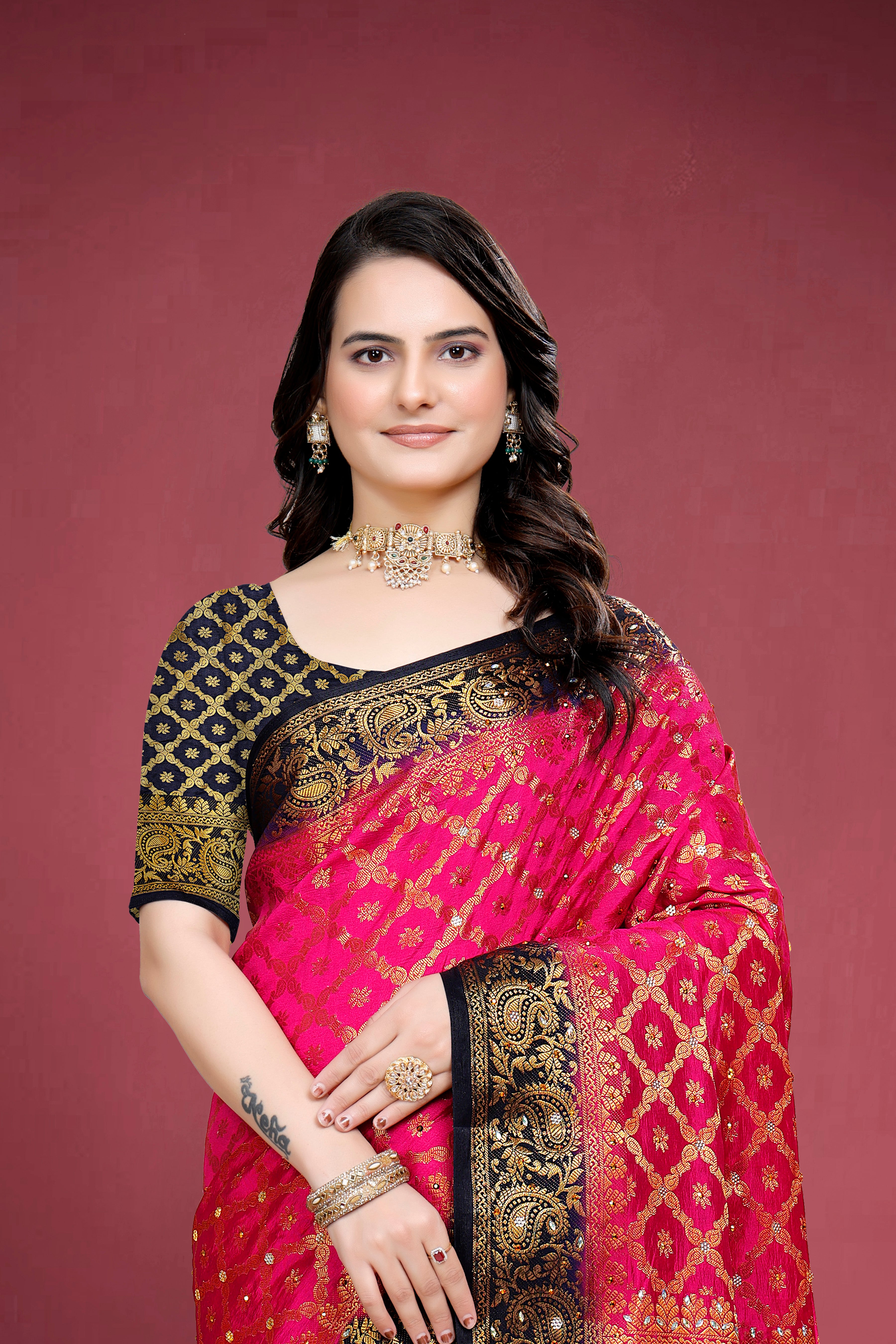 Navy Banarasi Silk Saree With Diamond Work With Tassels