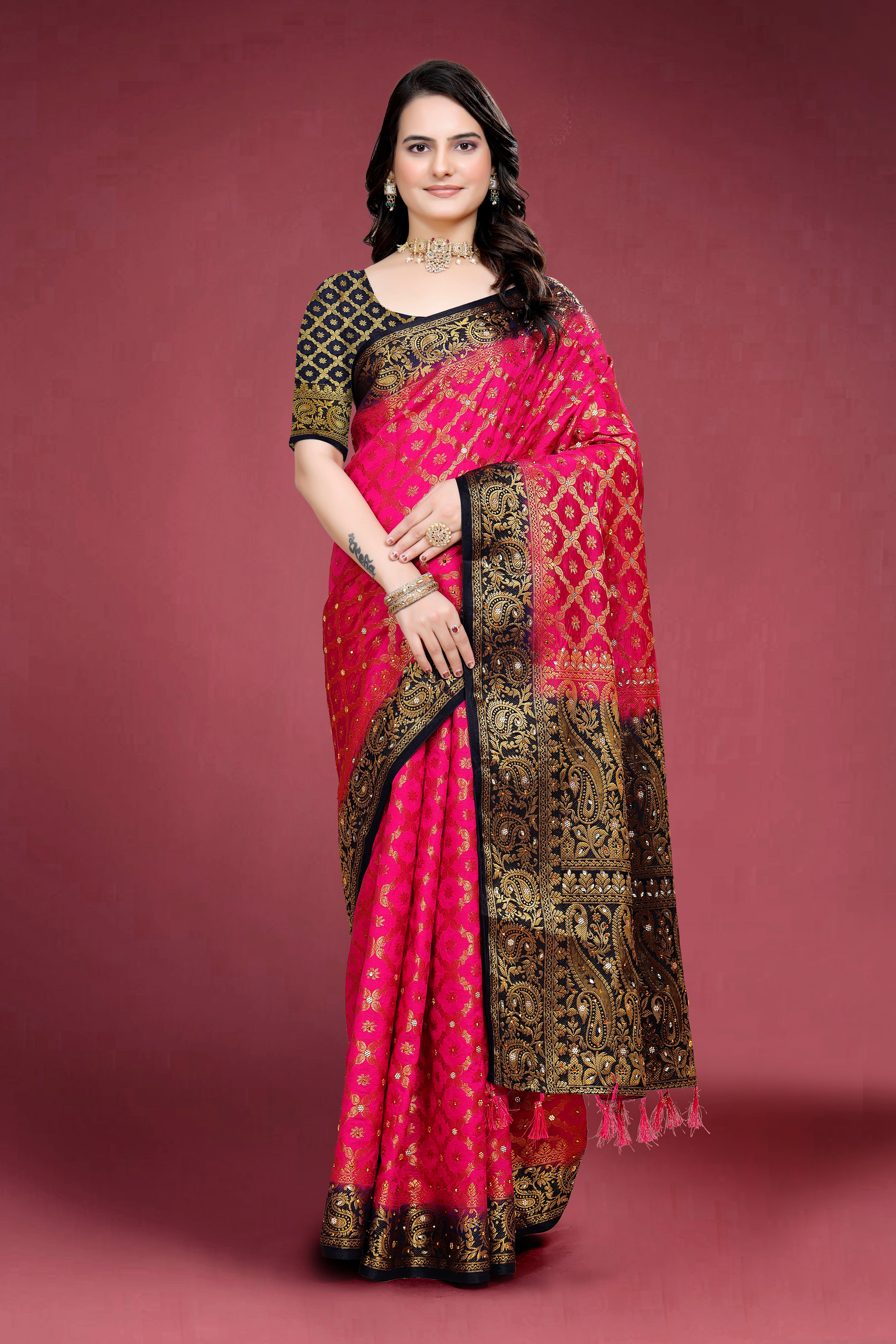Navy Banarasi Silk Saree With Diamond Work With Tassels