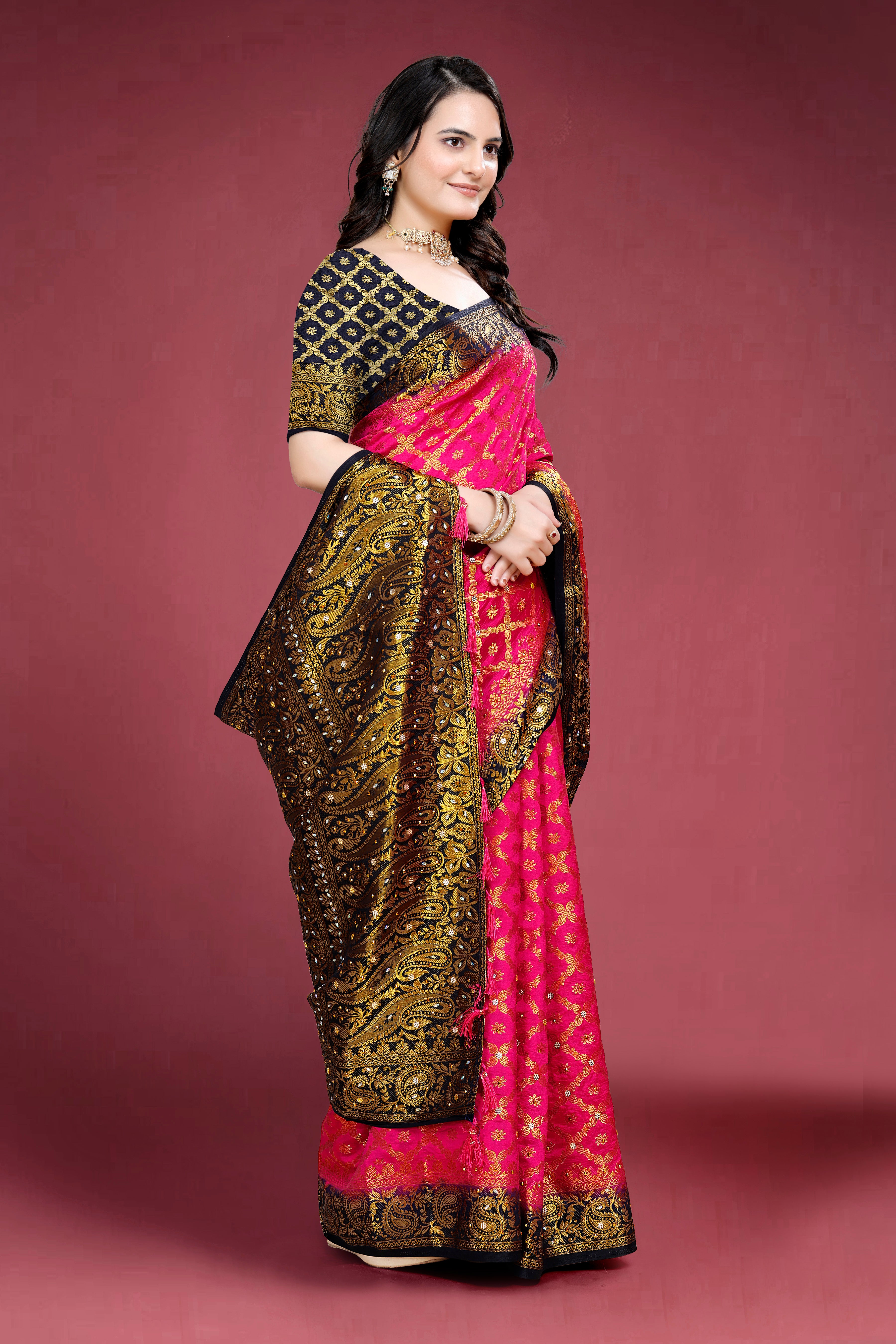 Navy Banarasi Silk Saree With Diamond Work With Tassels