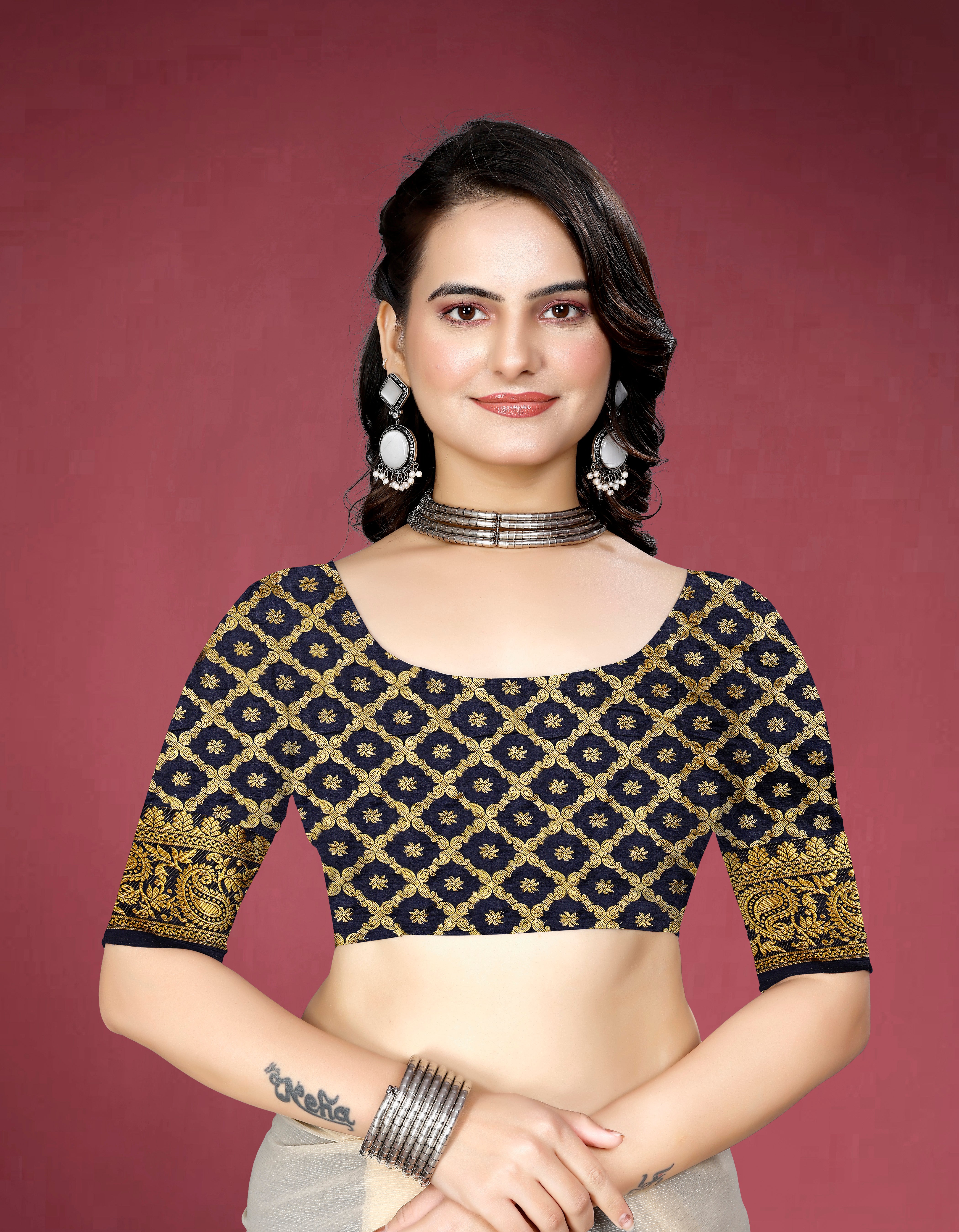 Navy Banarasi Silk Saree With Diamond Work With Tassels