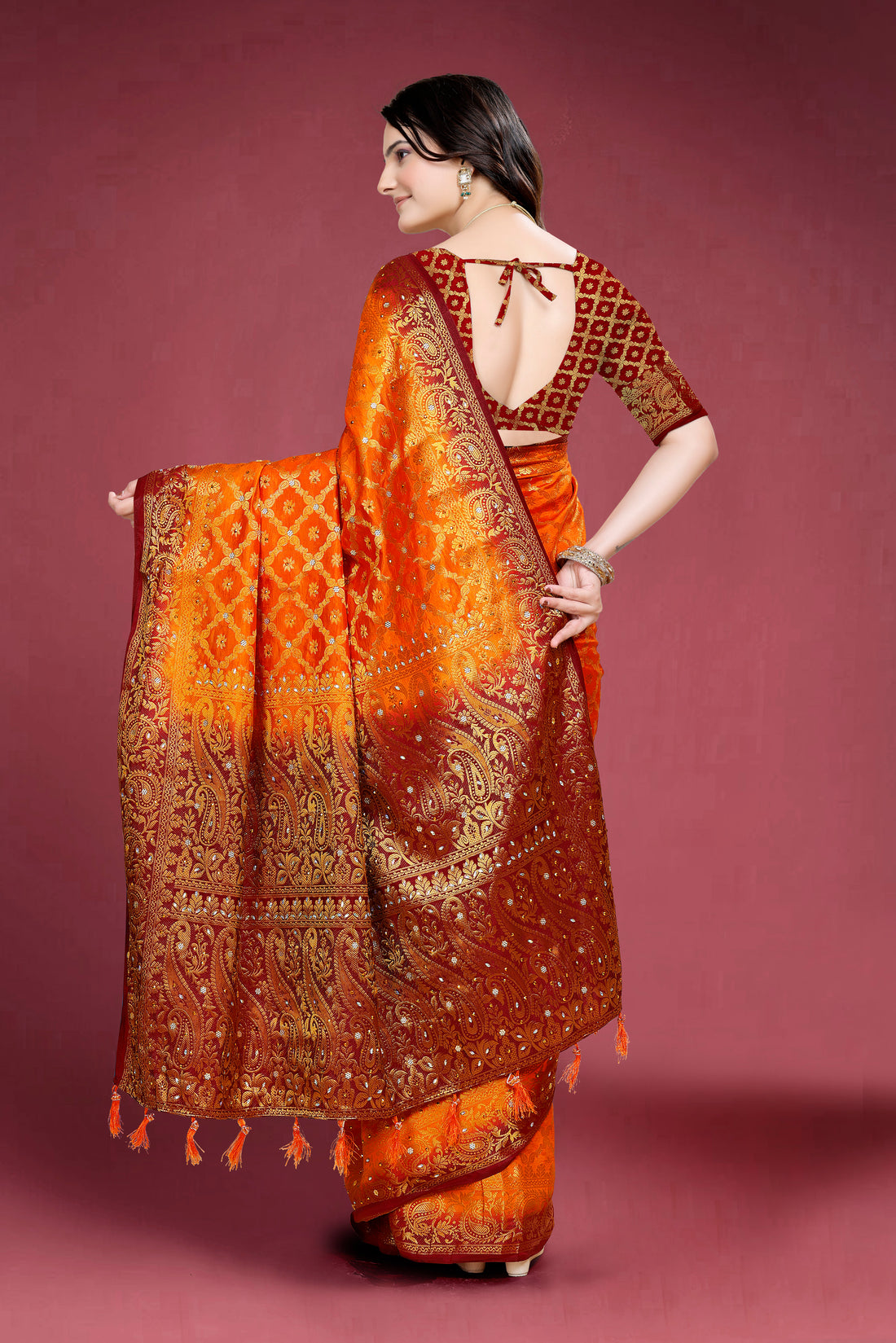 Orange Banarasi Silk Saree With Diamond Work With Tassels