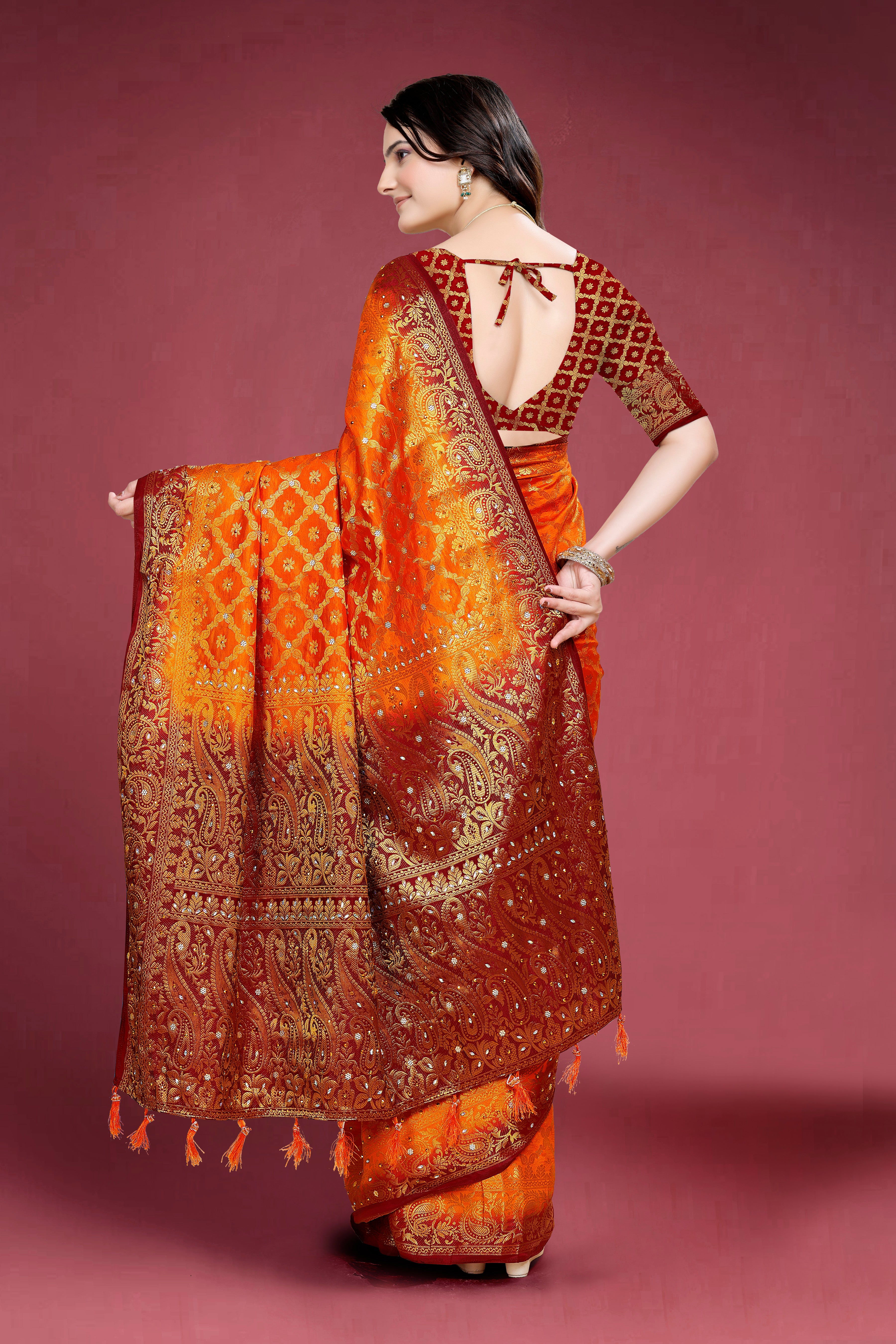Navy Banarasi Silk Saree With Diamond Work With Tassels