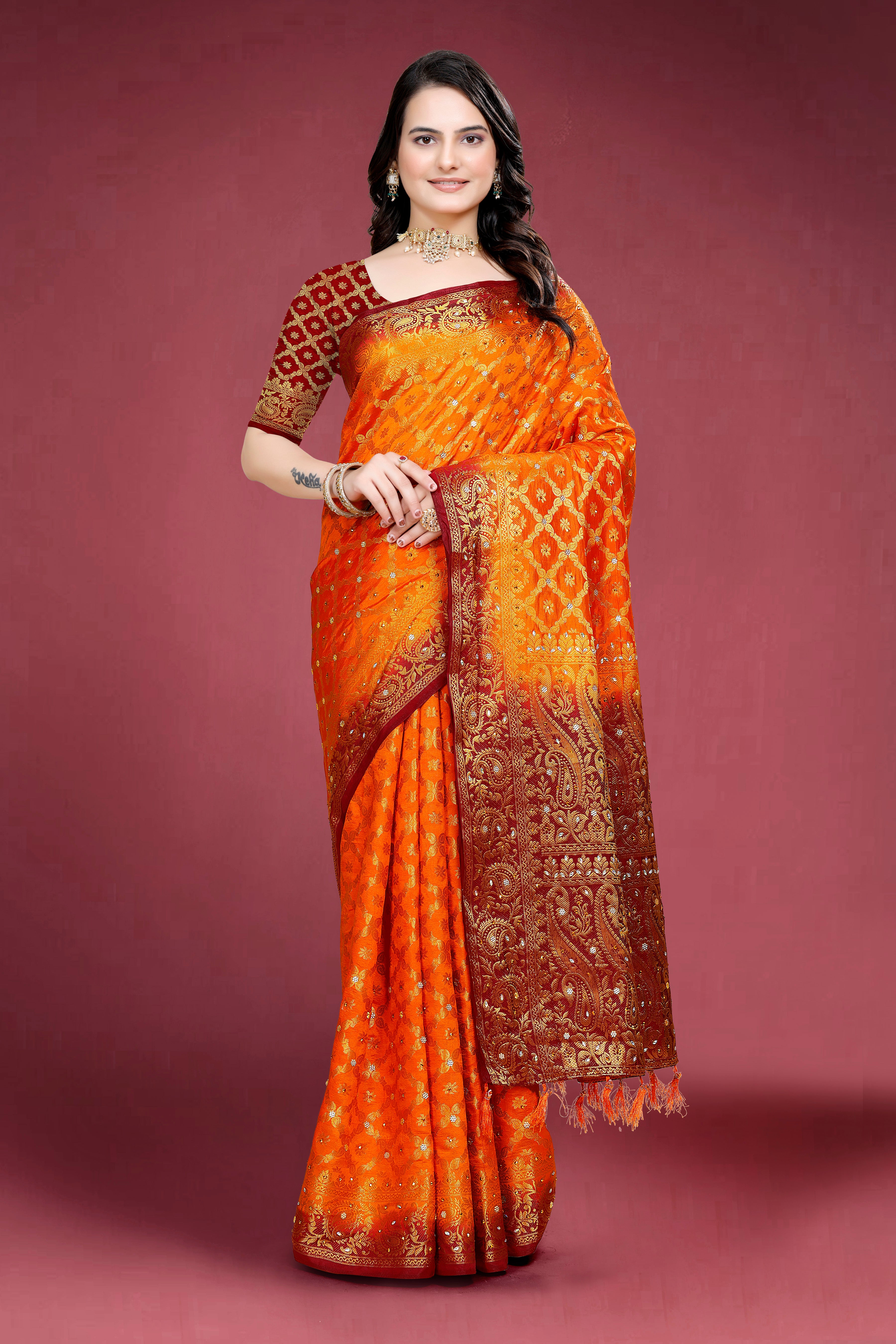 Navy Banarasi Silk Saree With Diamond Work With Tassels
