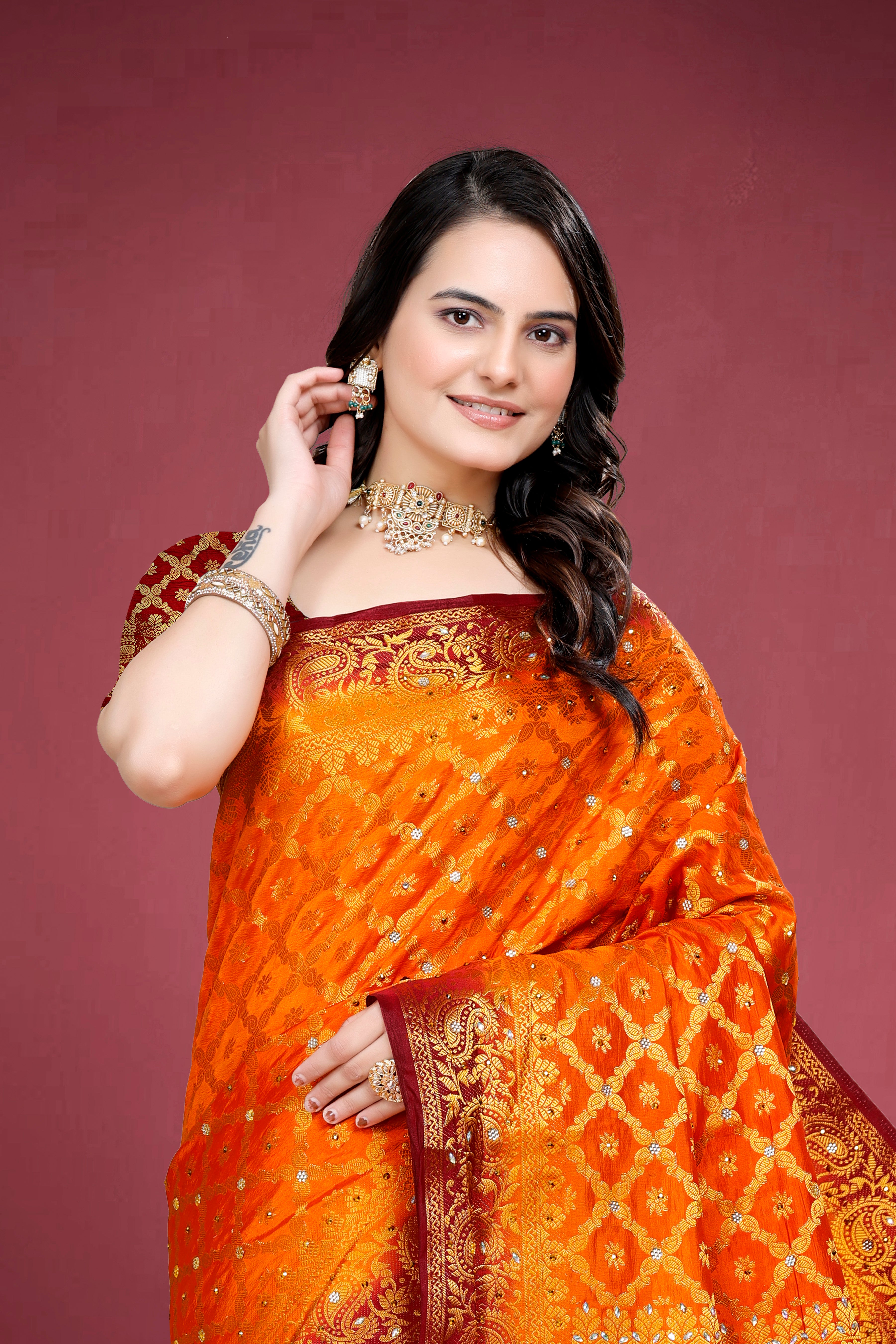 Navy Banarasi Silk Saree With Diamond Work With Tassels