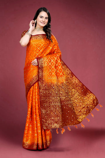 Orange Banarasi Silk Saree With Diamond Work With Tassels