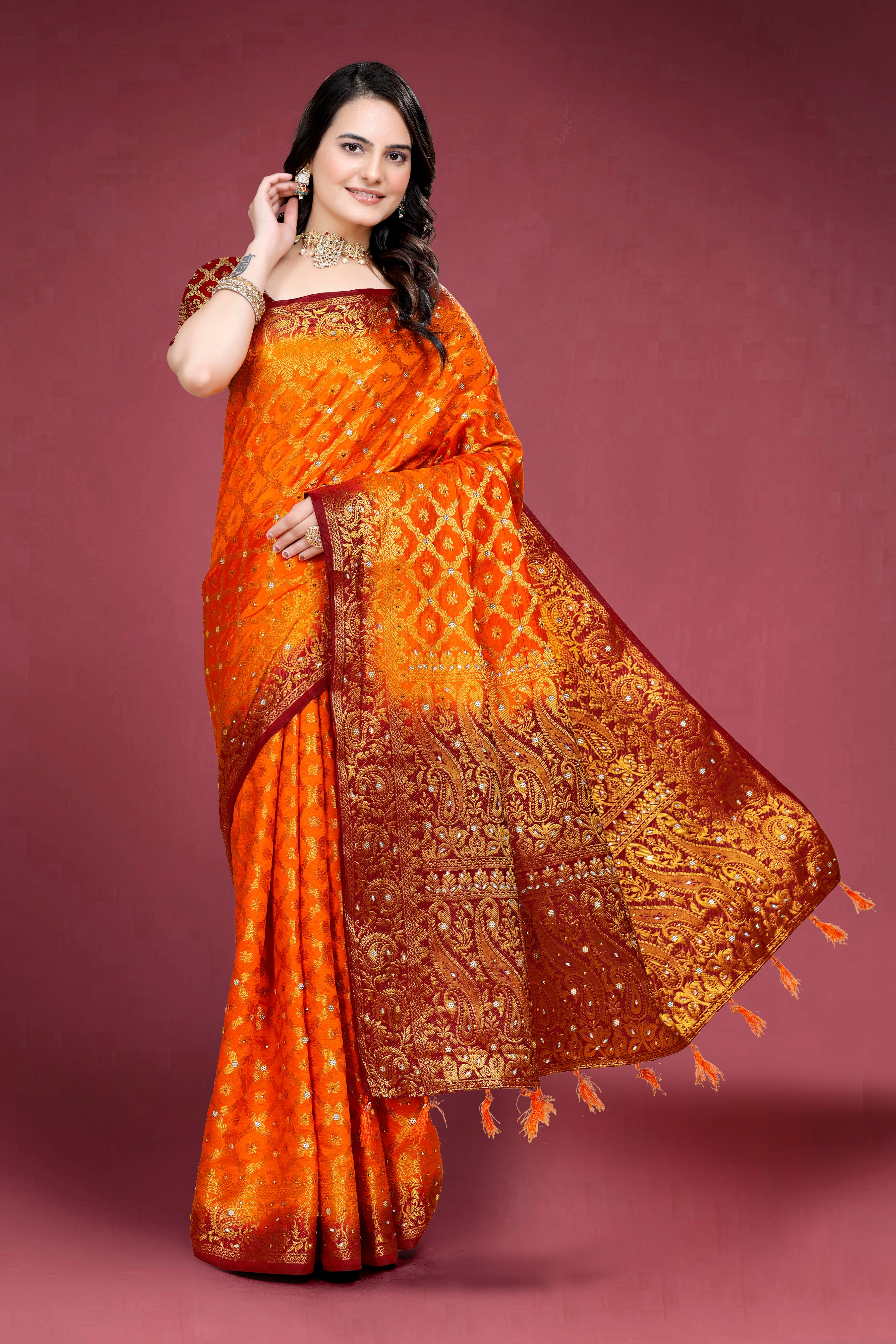 Navy Banarasi Silk Saree With Diamond Work With Tassels