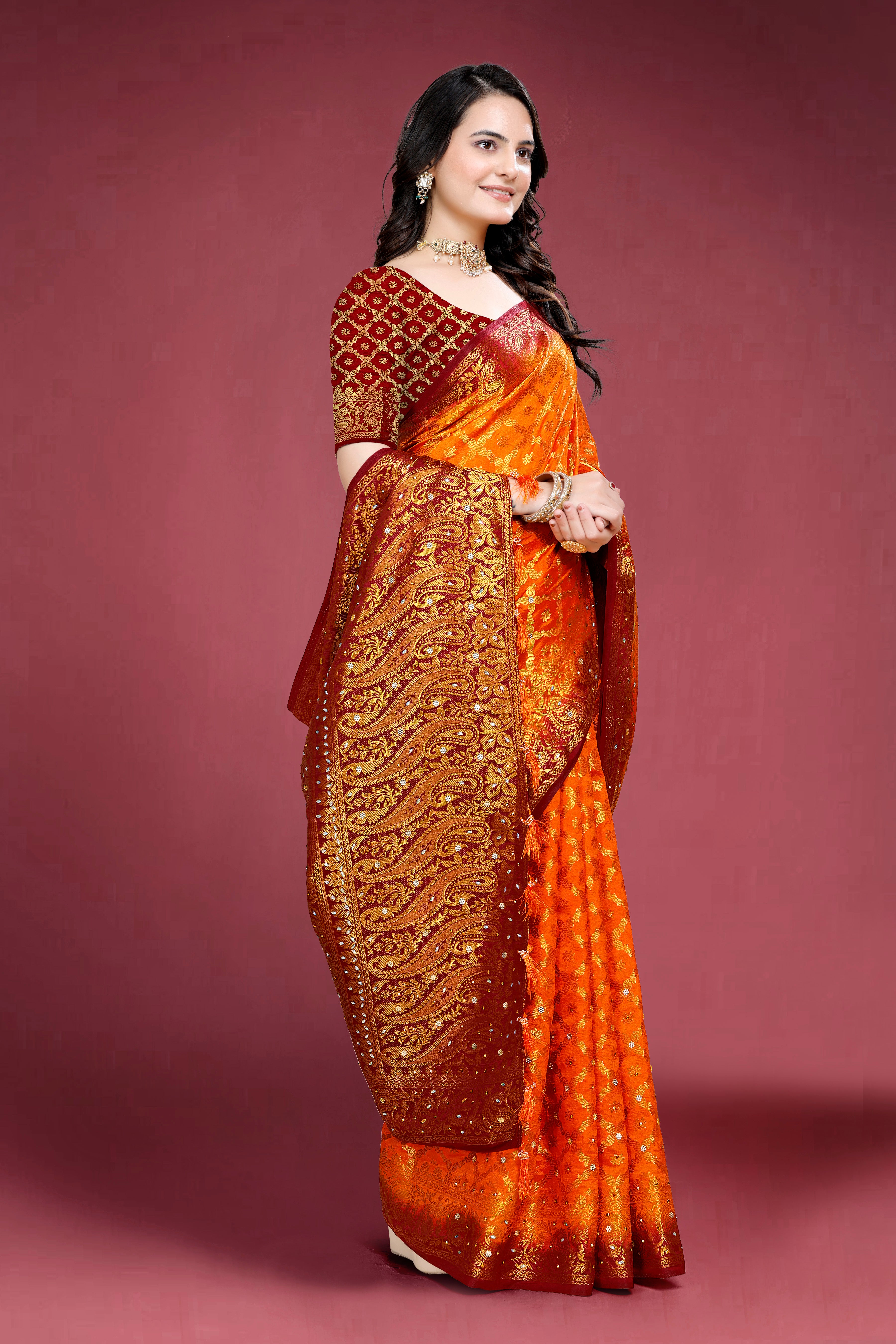 Navy Banarasi Silk Saree With Diamond Work With Tassels