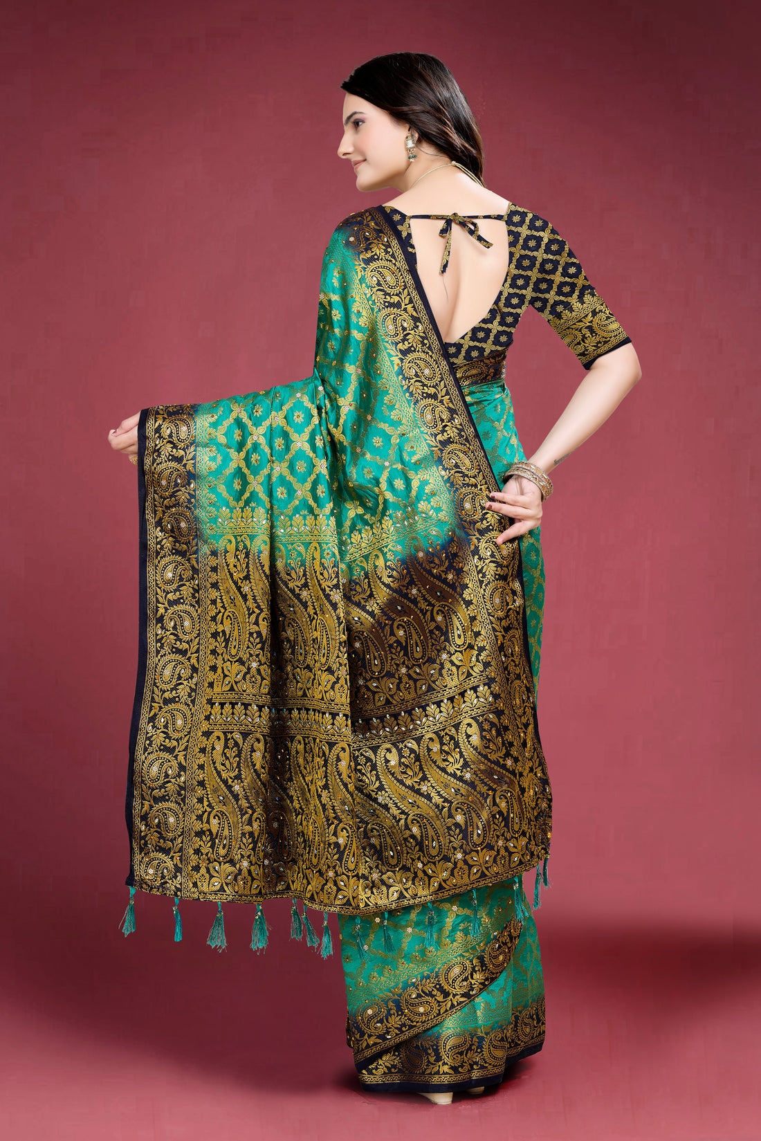 Green Banarasi Silk Saree With Diamond Work With Tassels