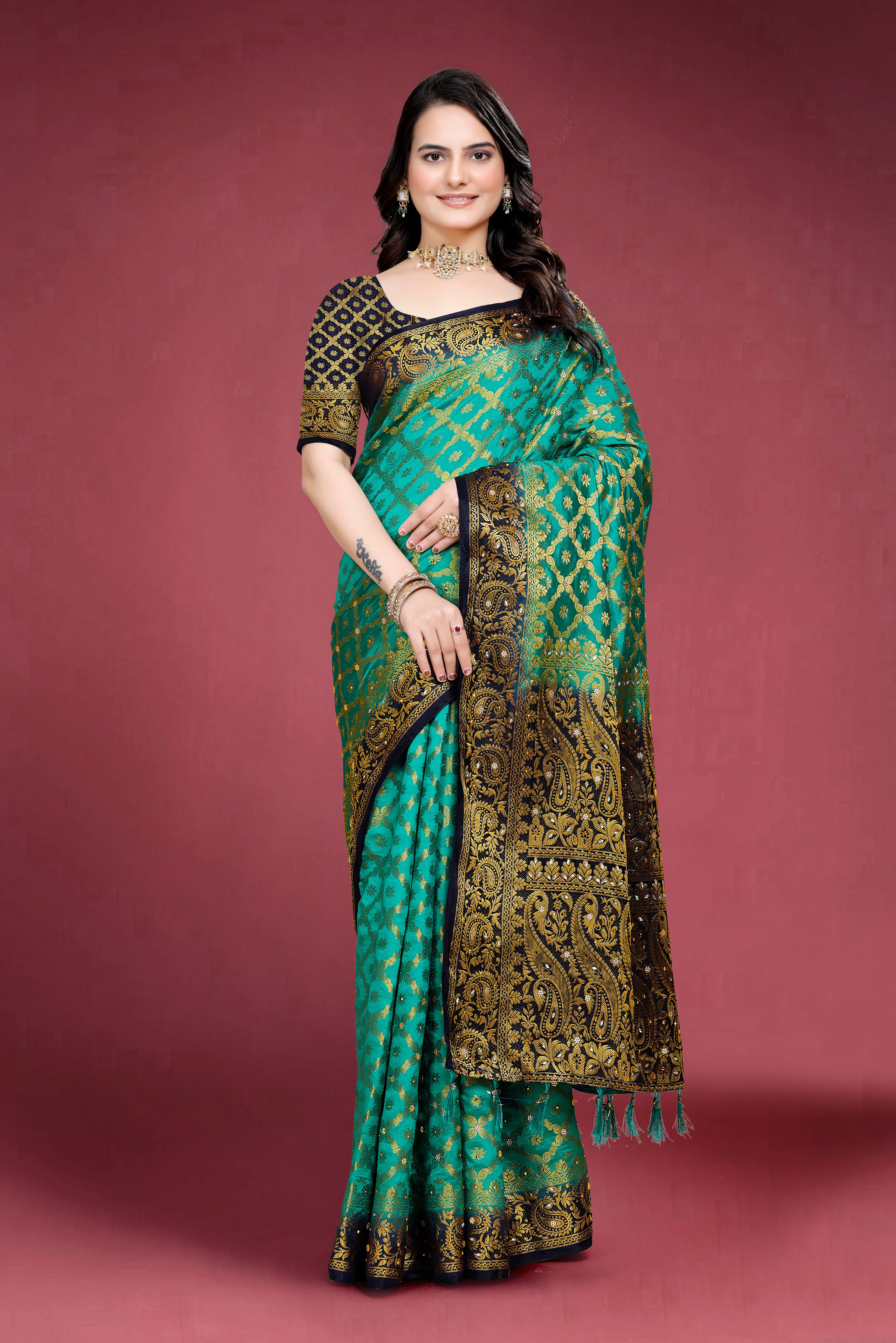 Navy Banarasi Silk Saree With Diamond Work With Tassels