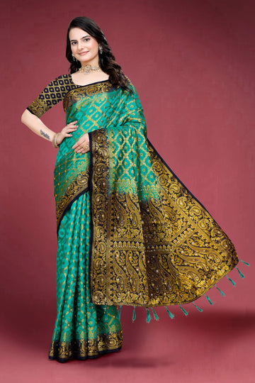 Green Banarasi Silk Saree With Diamond Work With Tassels