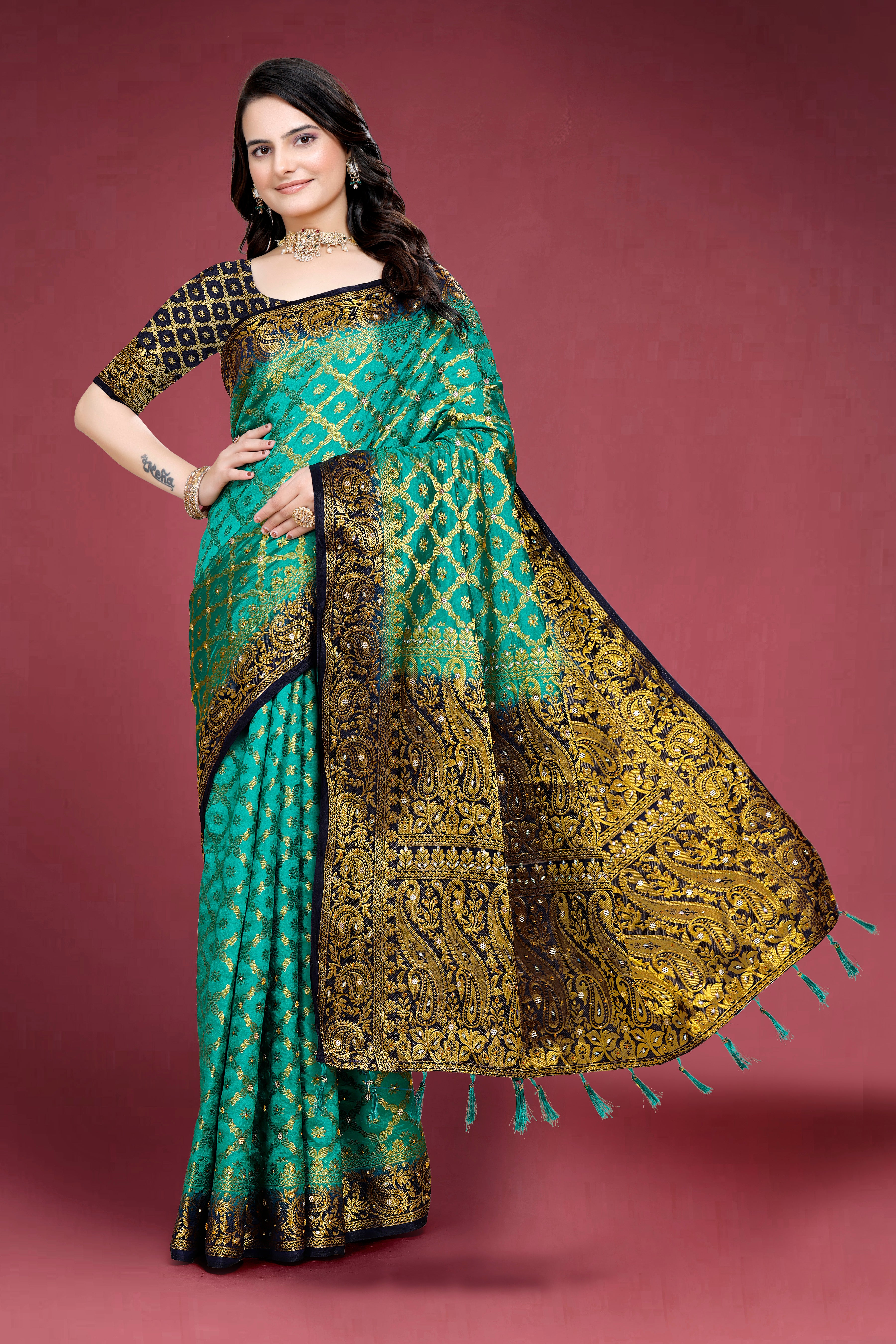 Navy Banarasi Silk Saree With Diamond Work With Tassels