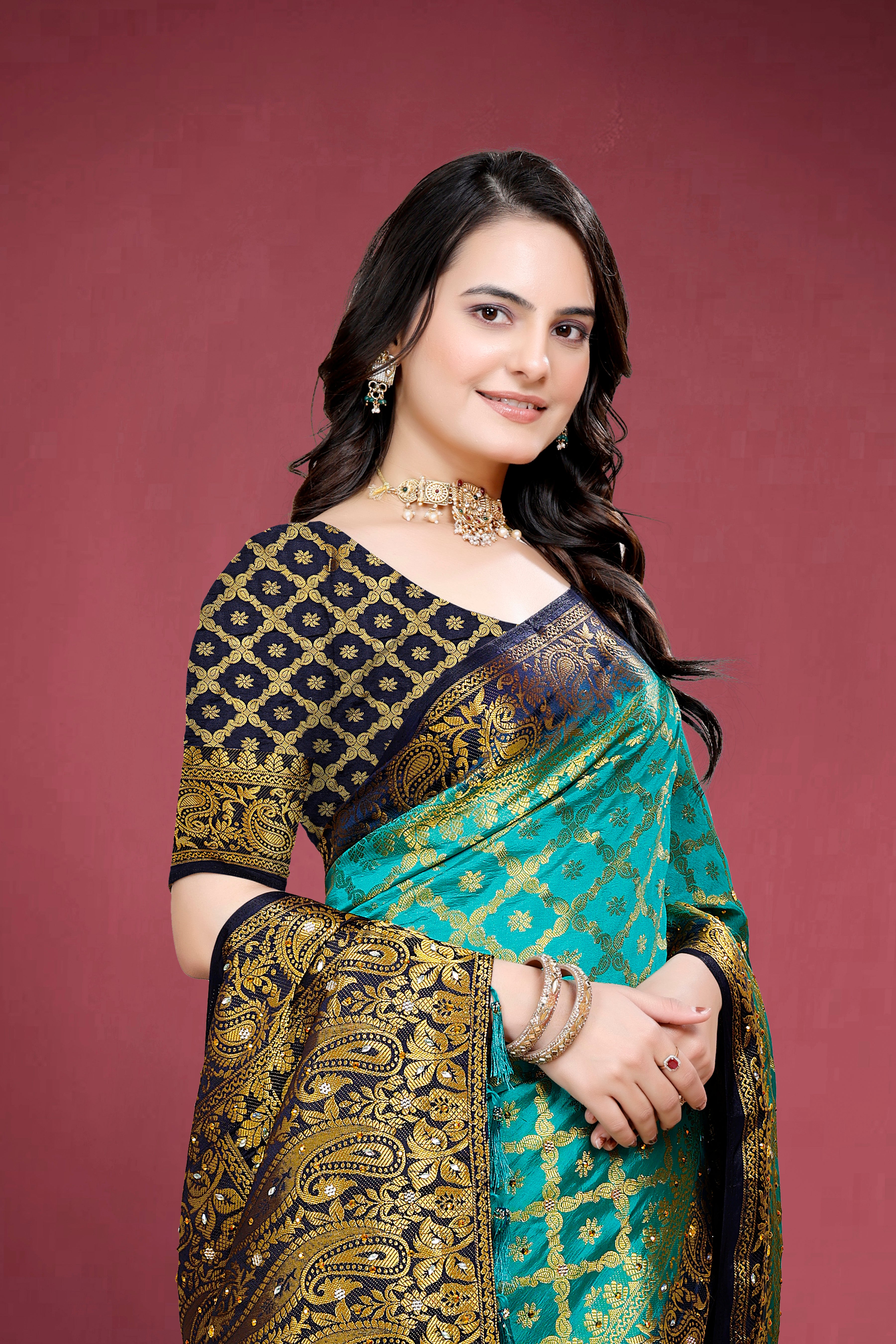 Navy Banarasi Silk Saree With Diamond Work With Tassels