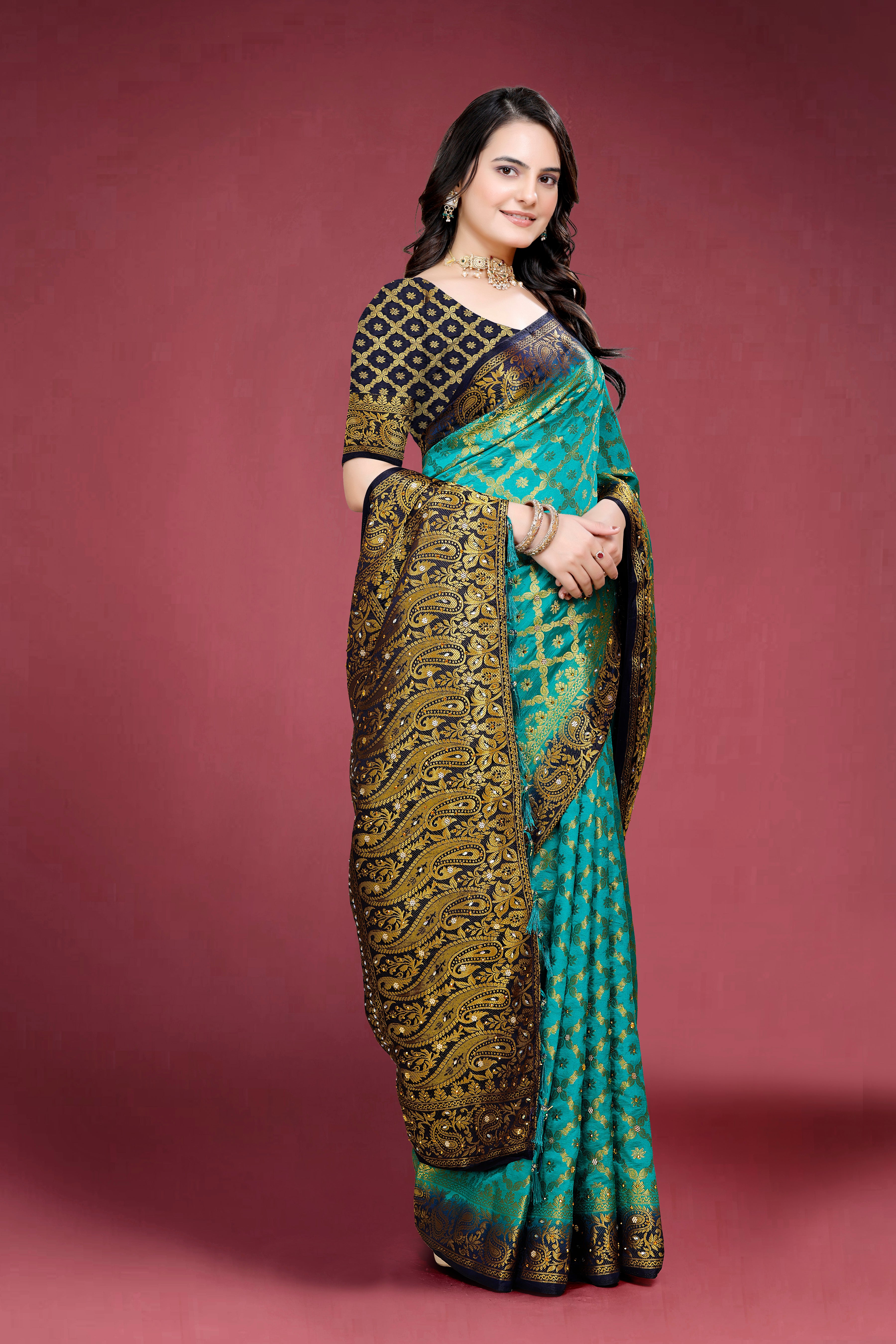 Navy Banarasi Silk Saree With Diamond Work With Tassels