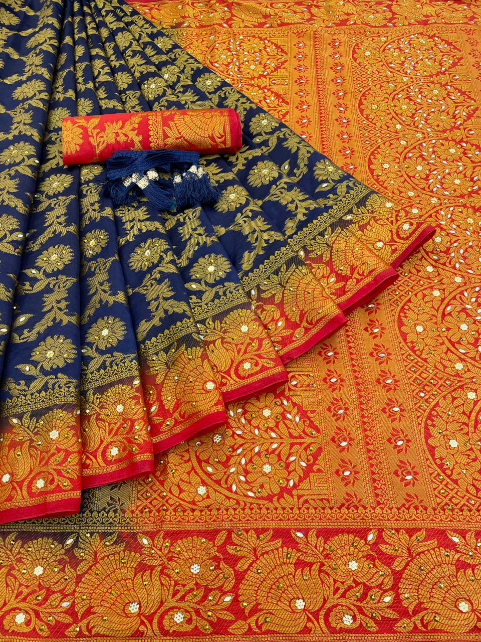 NavyBlue Banarasi Silk Saree With Diamond Work With Tassels