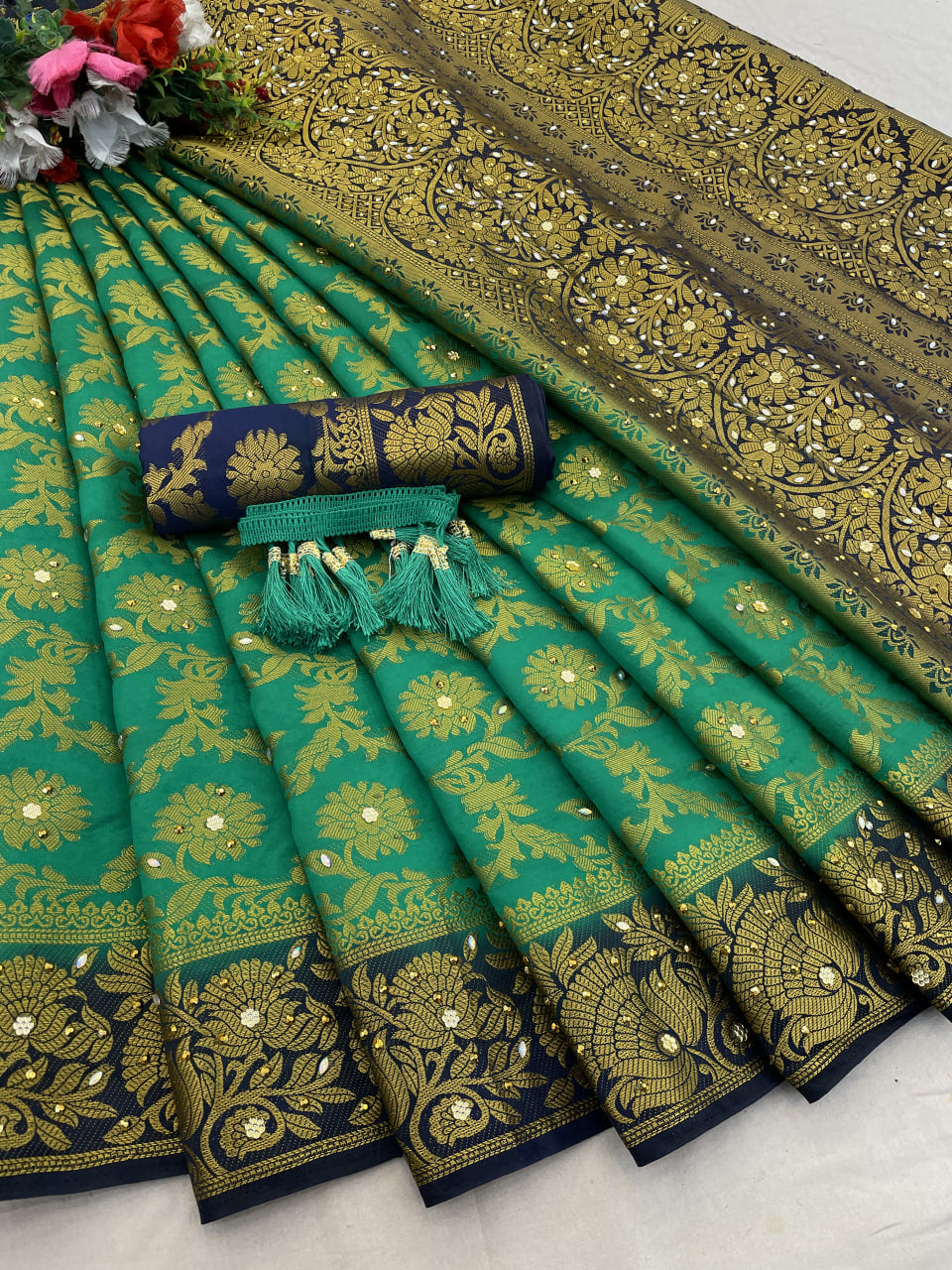 Green Banarasi Silk Saree With Diamond Work With Tassels