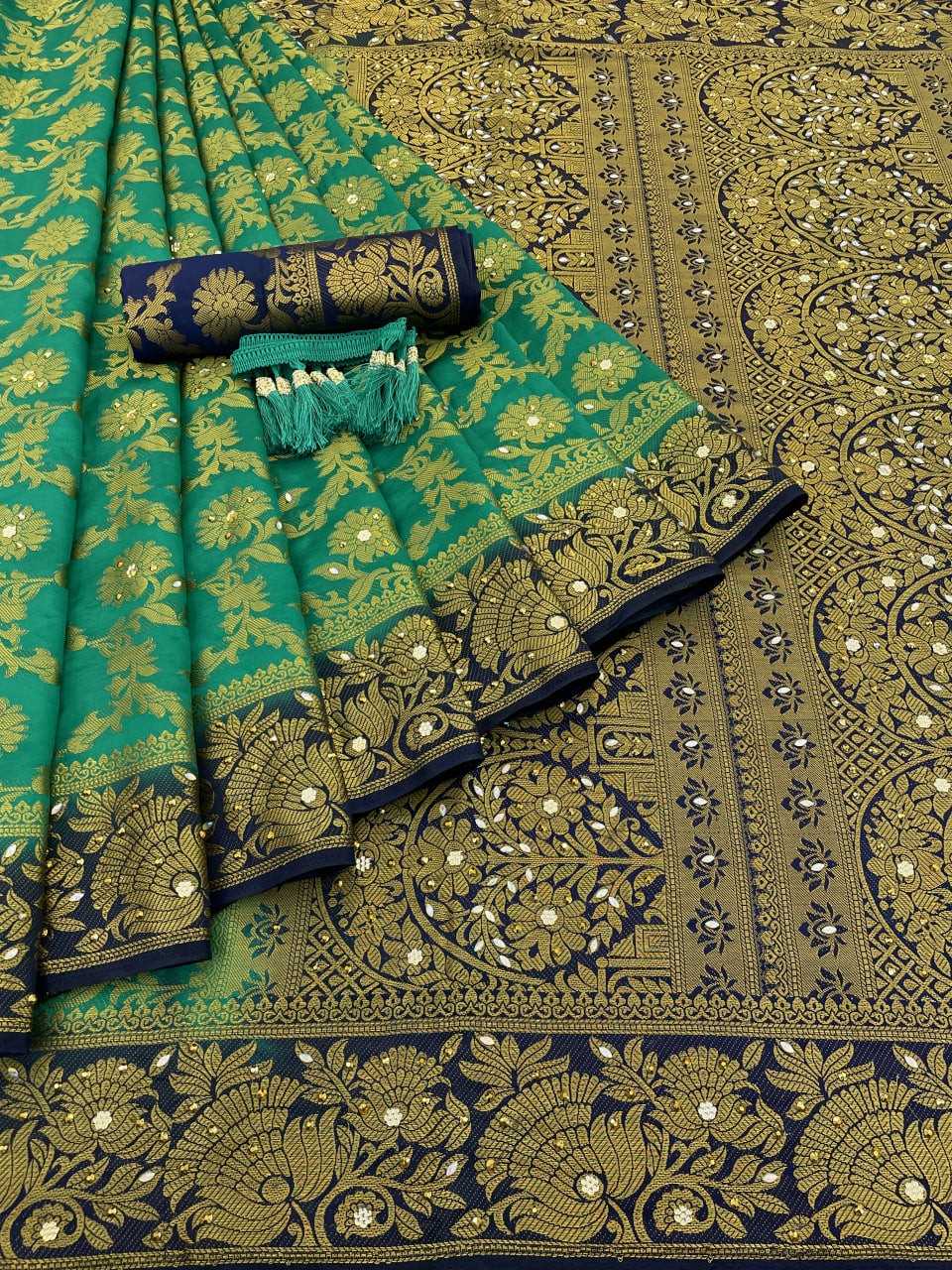 Green Banarasi Silk Saree With Diamond Work With Tassels