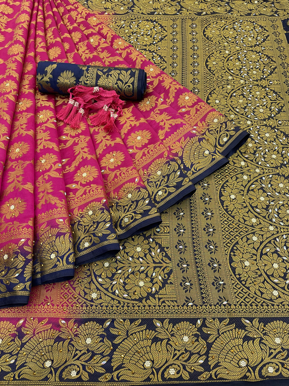 Rani Banarasi Silk Saree With Diamond Work With Tassels