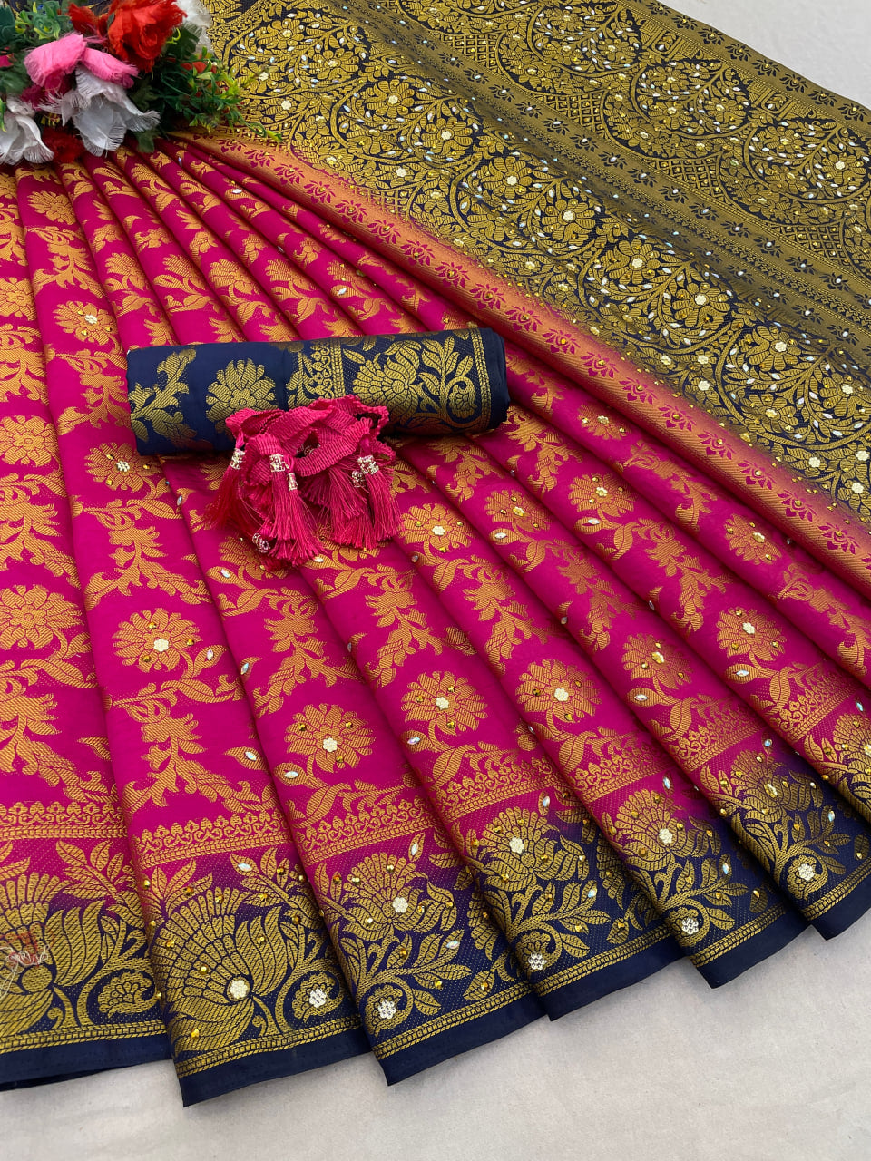 Rani Banarasi Silk Saree With Diamond Work With Tassels