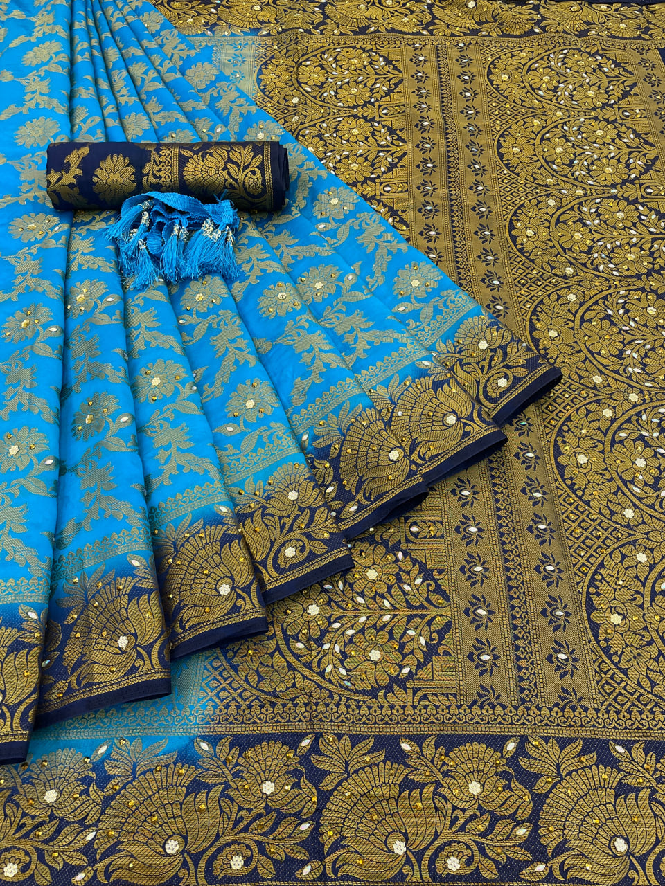 Firozi Banarasi Silk Saree With Diamond Work With Tassels