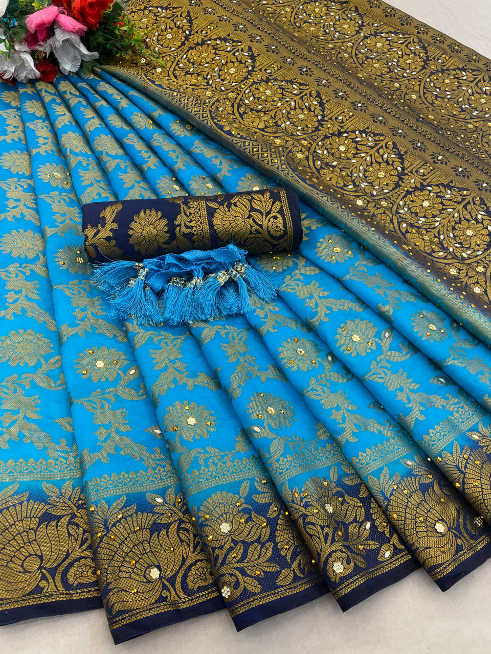 Firozi Banarasi Silk Saree With Diamond Work With Tassels