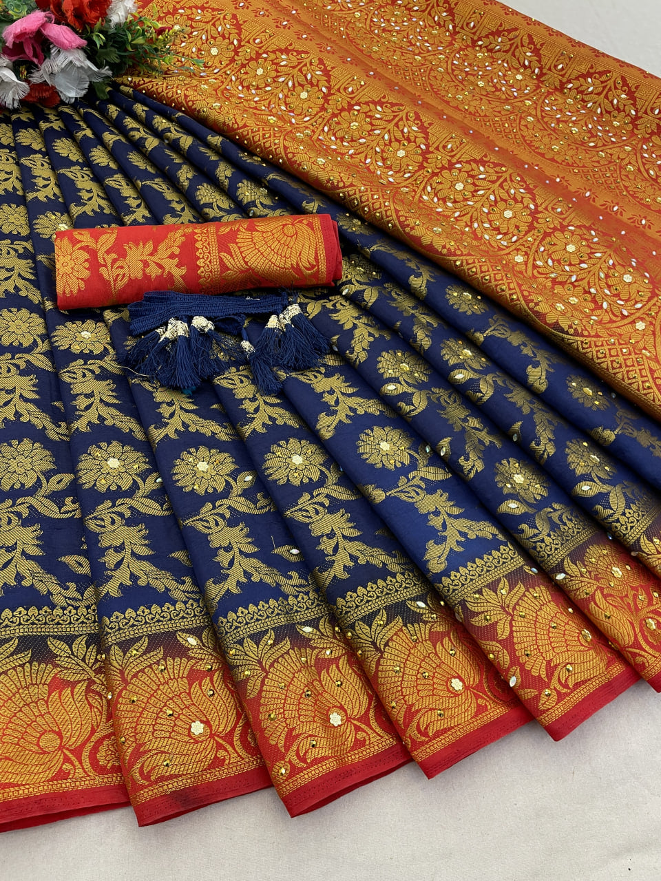 NavyBlue Banarasi Silk Saree With Diamond Work With Tassels